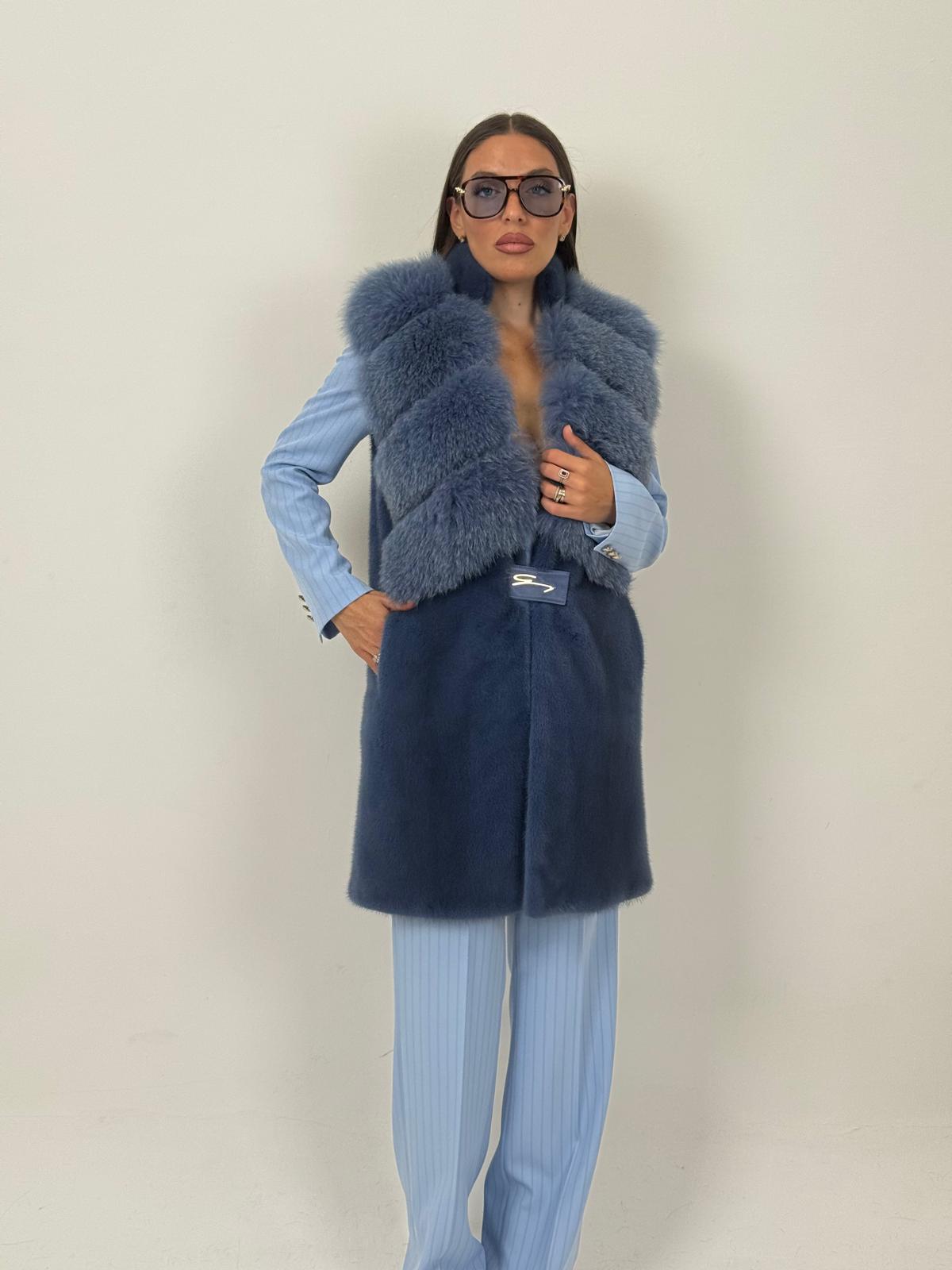 Pelliccia in visone blu N94 - gilet in visone blu, taglio orizzontale - NUOVO