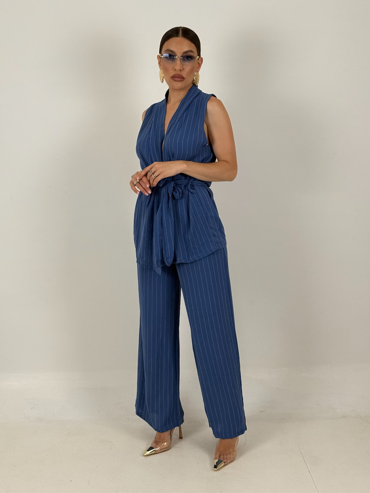 Tailleur GELSOMINA - tailleur giacca modello accappatoio pantalone palazzo - fantasia gessata