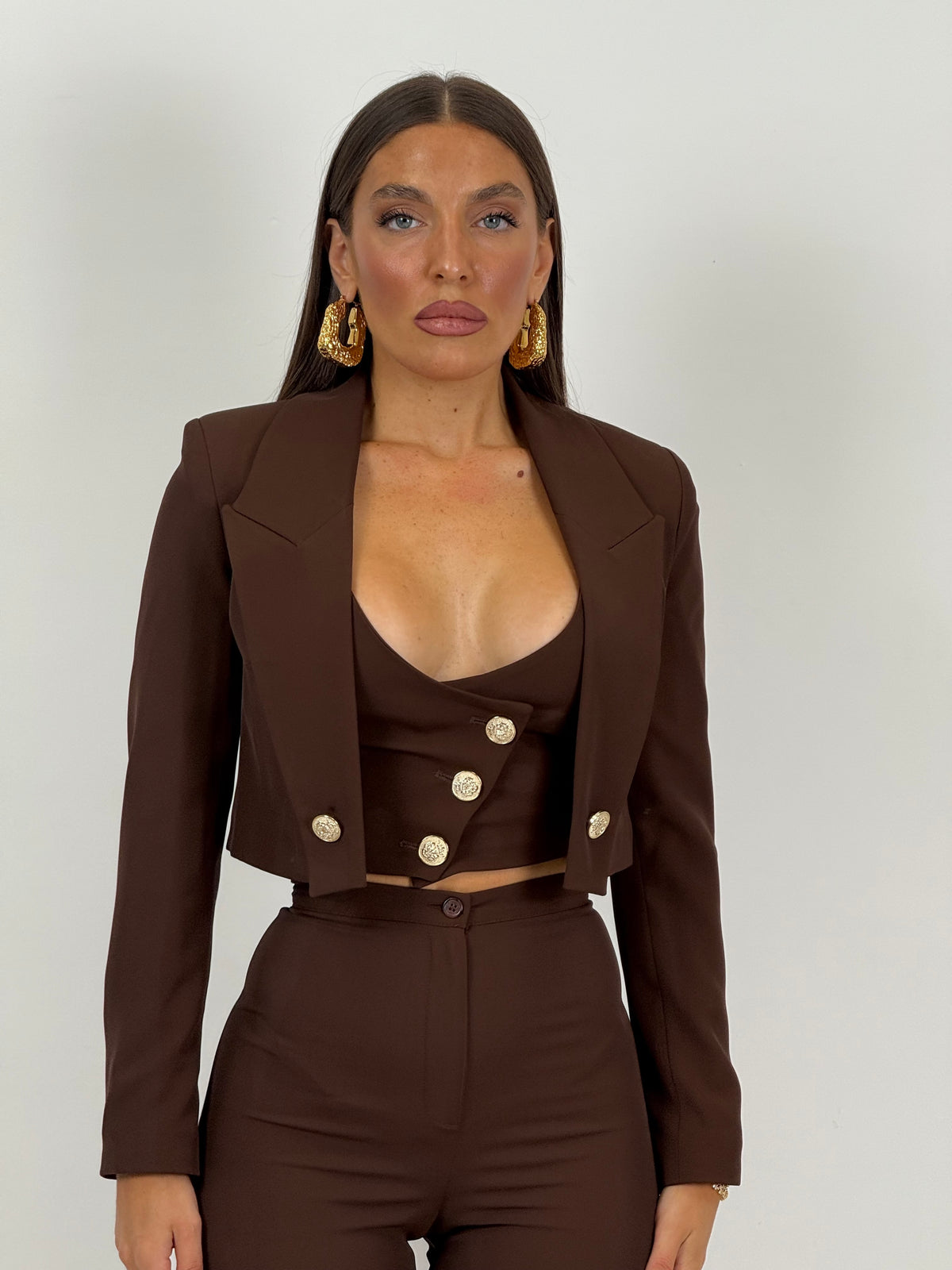SALDO Tailleur VIOLANTE - Tailleur sartoriale 3 pezzi panciotto giacca corta e pantalone effetto guaina a zampa