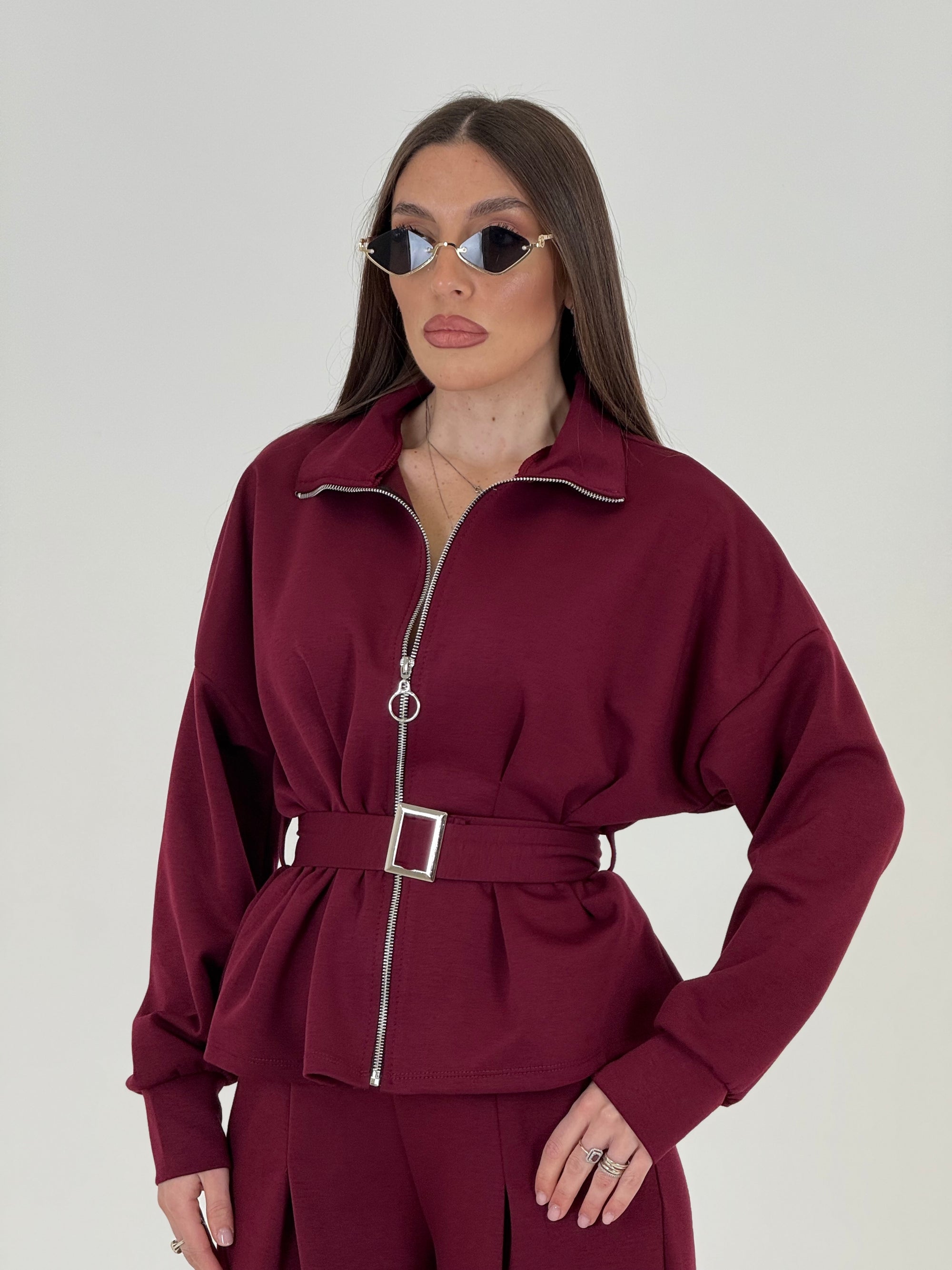 Cordset ALLEGRA - Completo composto da pantalone Palazzo e felpa con Rouge finale, cintura regolabile nel punto vita