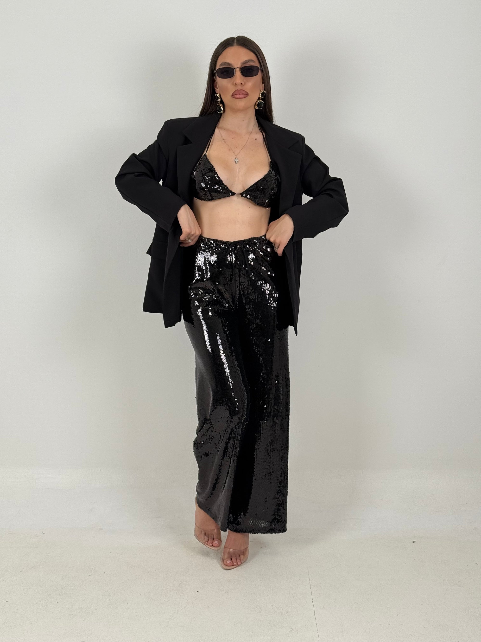 COMPLETO IBIZA - completo 3 pezzi, composto da giacca, top in paillettes e pantalone in paillettes