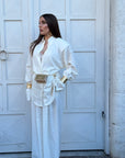 Cordset MOODS - Tailleur in lino camicia lunga con laccio per regolarne il punto vita e pantalone vita alta modello a palazzo
