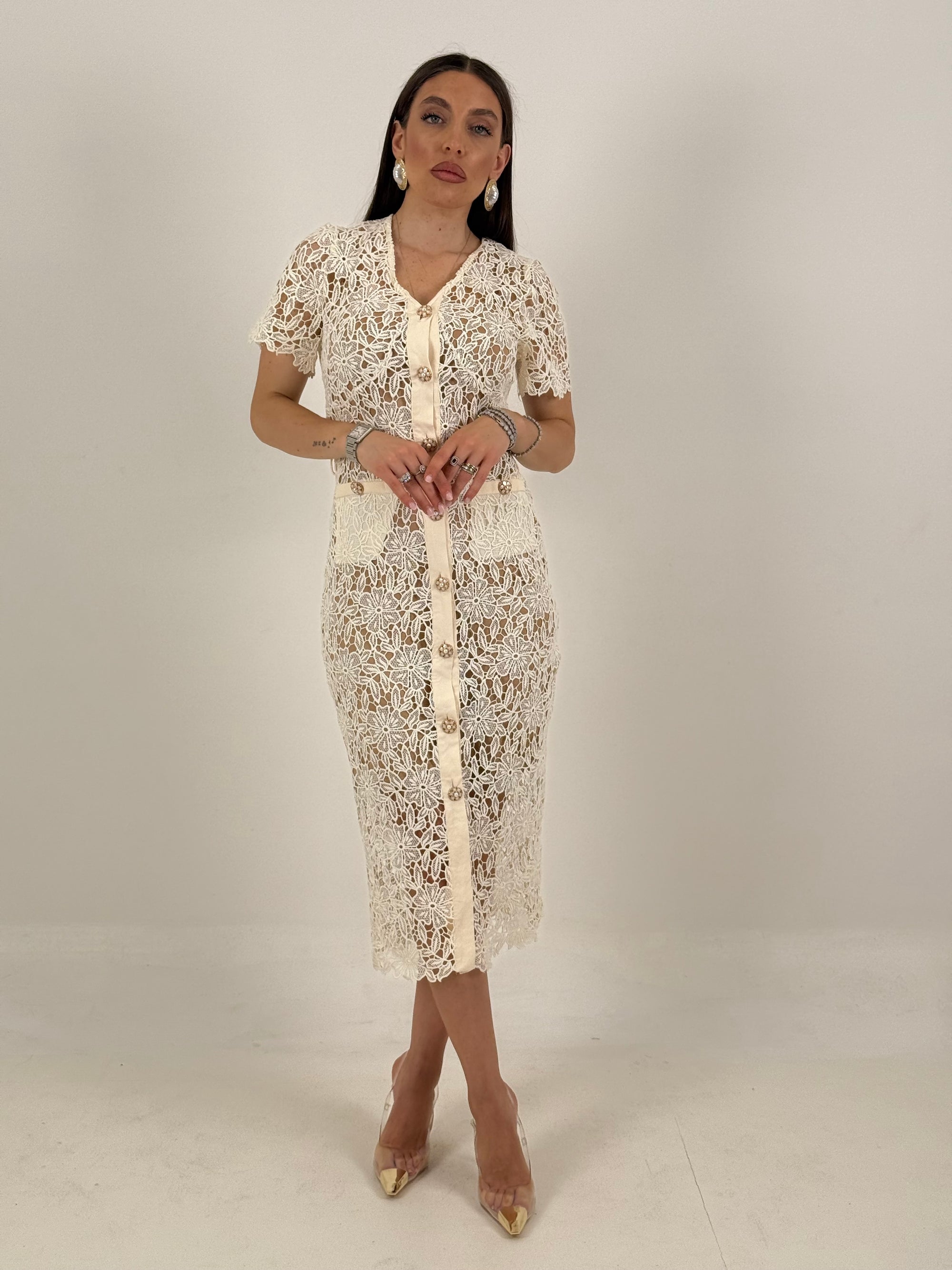 Abito ERMANN - abito longuette in pizzo crema con bottoni gioiello - collezione chic