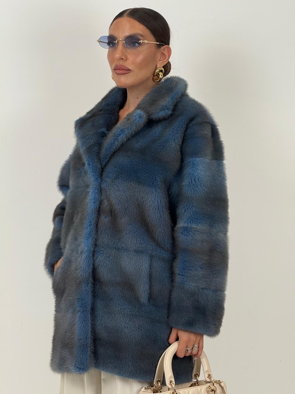 Pelliccia in visone blu N49 - cappotto in visone blu - taglio orizzontale- top quality - NUOVO