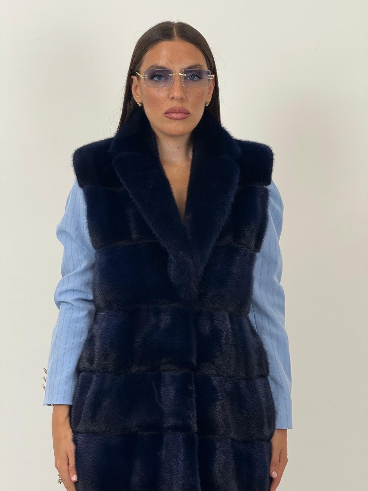 Pelliccia in visone blu N94 - gilet in visone blu, taglio orizzontale - NUOVO