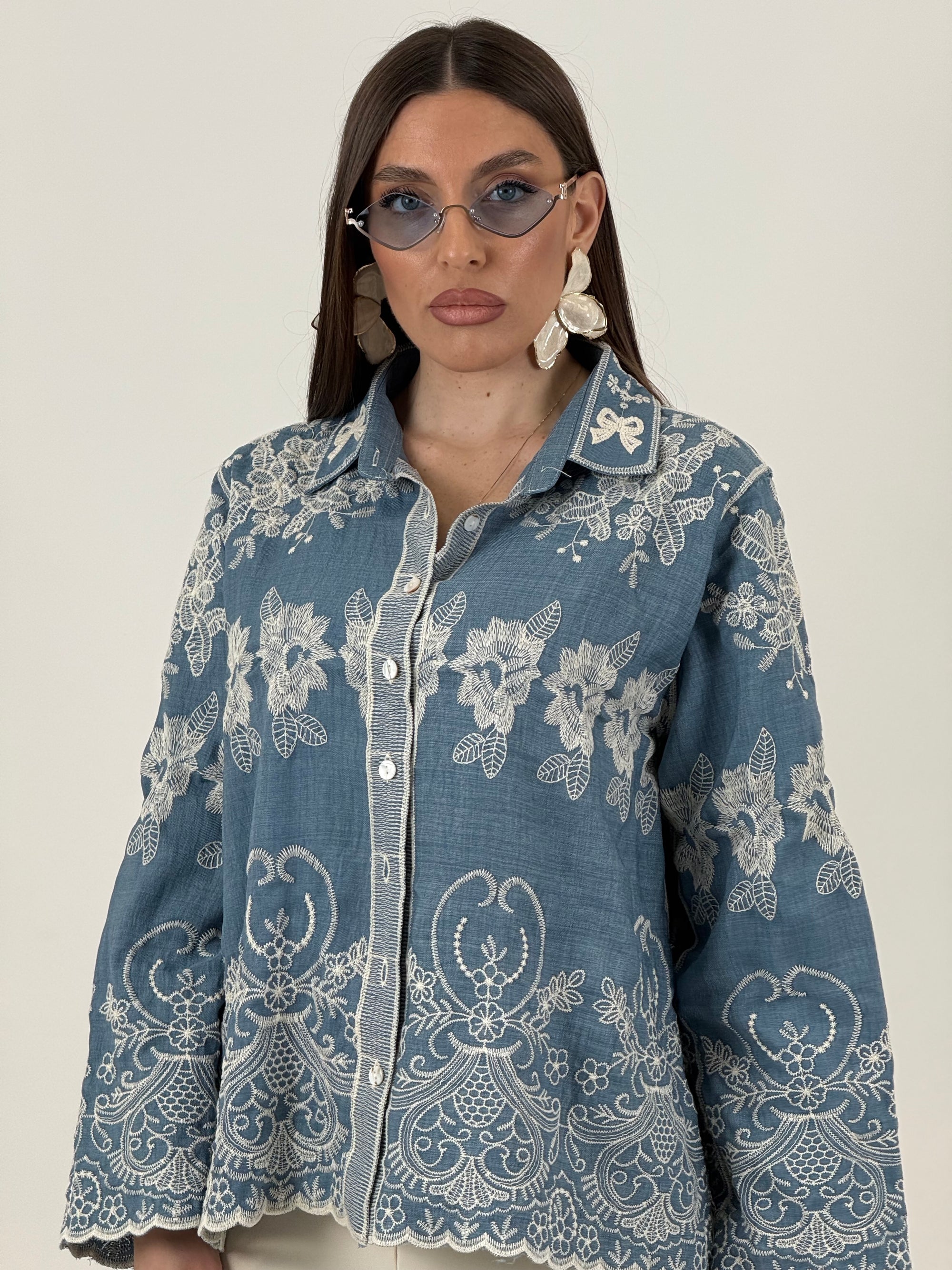 Camicia VIKTORI - camicia effetto jeans con decori in pizzo beige