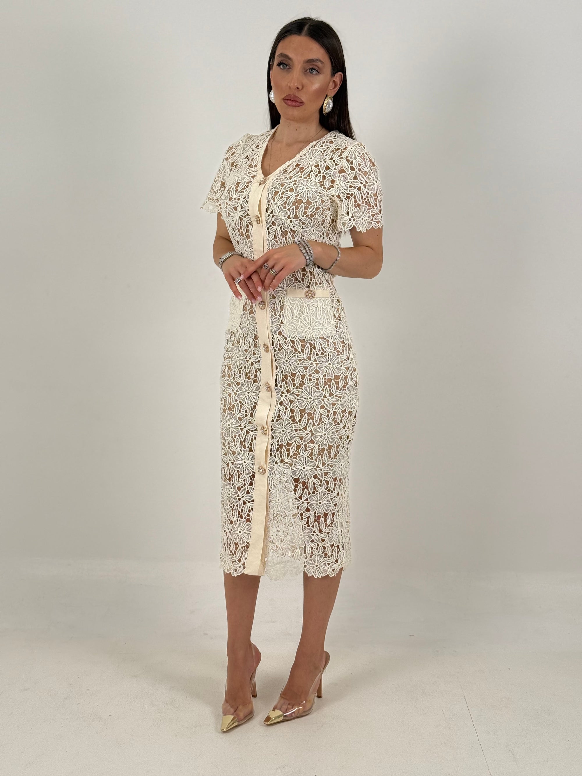Abito ERMANN - abito longuette in pizzo crema con bottoni gioiello - collezione chic
