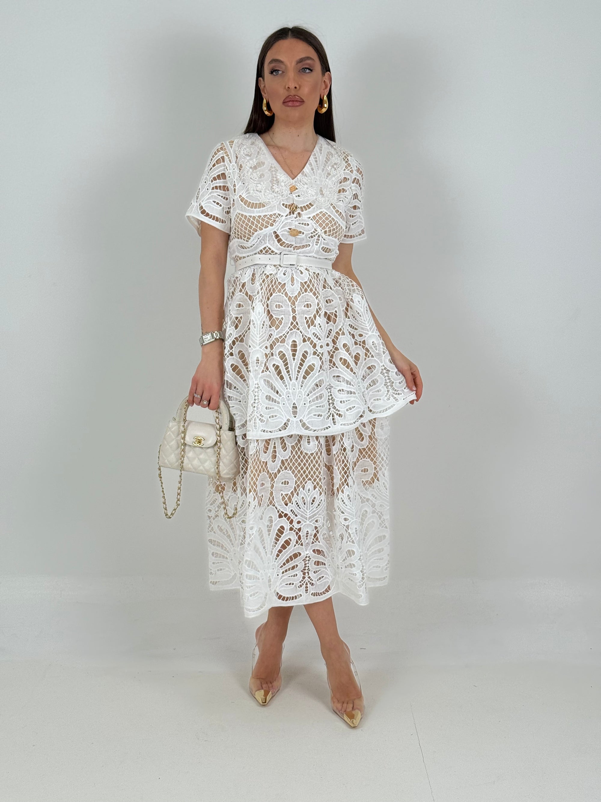 SALDO Abito BALZA - abito longuette in pizzo con bottoni gioiello - collezione chic