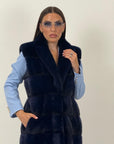 Pelliccia in visone blu N94 - gilet in visone blu, taglio orizzontale - NUOVO
