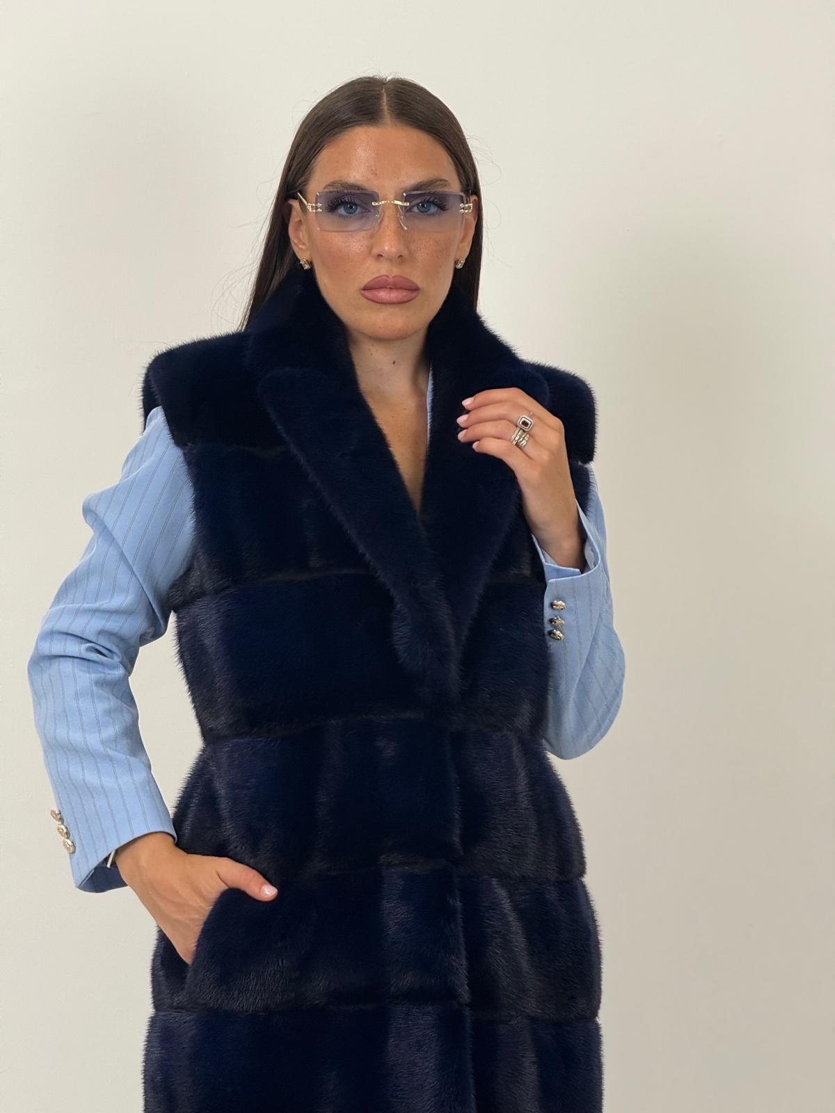 Pelliccia in visone blu N94 - gilet in visone blu, taglio orizzontale - NUOVO