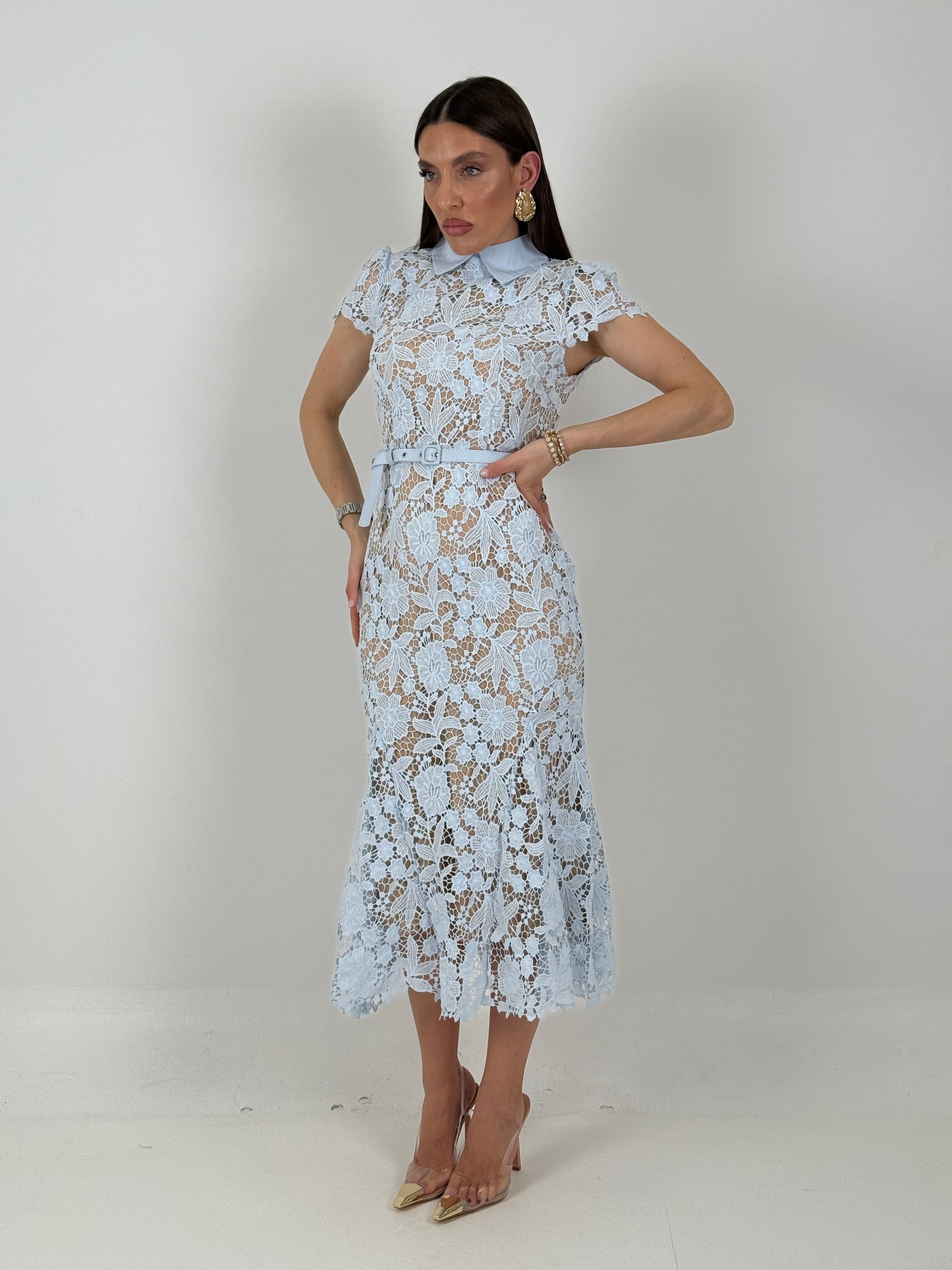 ABITO MOET - abito longuette in pizzo con collo effetto camicia e cintura nel punto vita - collezione chic