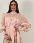 Abito golden - abito lungo con a palloncino e polsino- gonna lunga con balze e cinture in organza nel punto vita- Best Seller della collezione chic