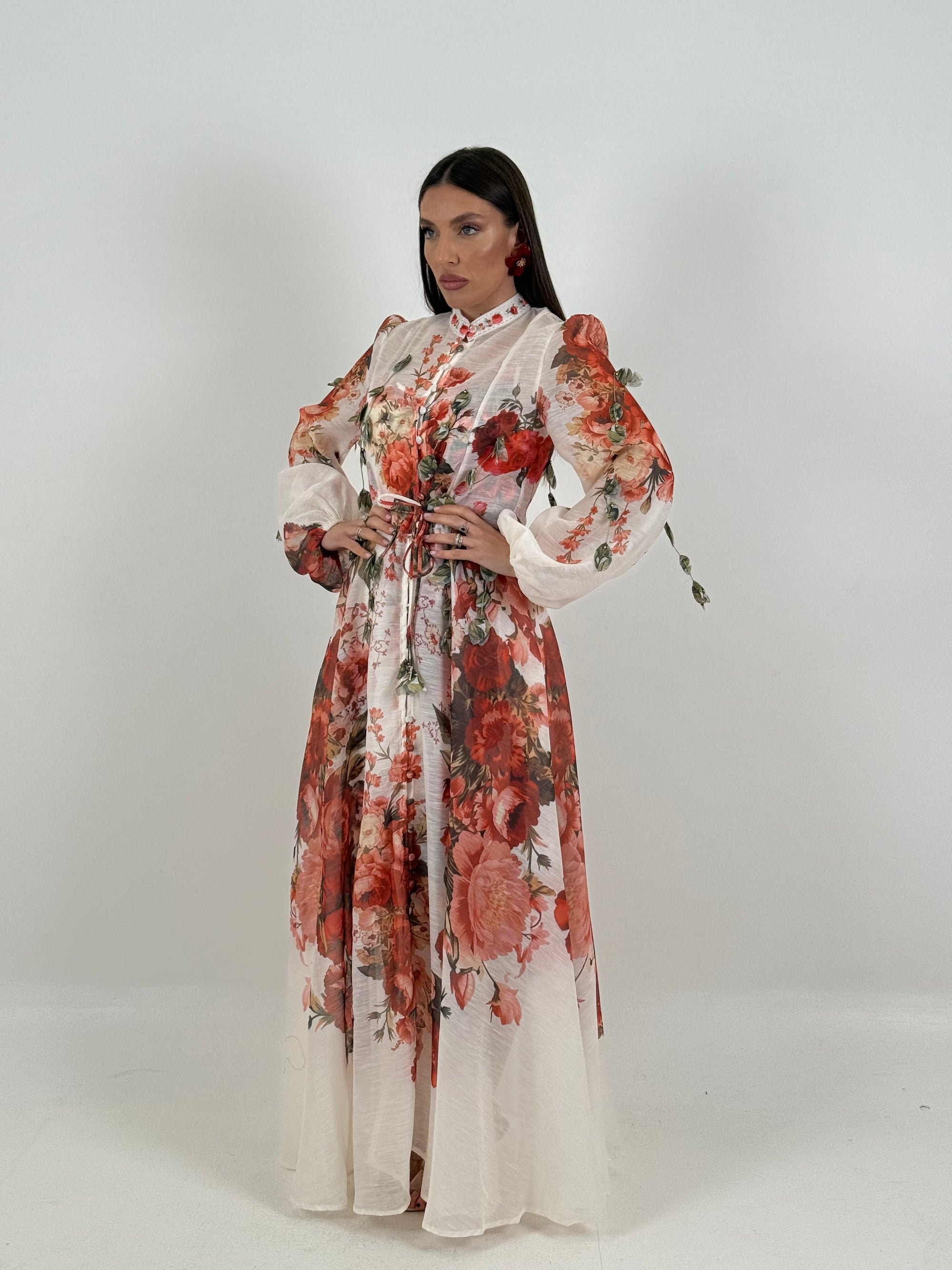 Abito PRINCESSE- abito lungo fantasia rose rosse con base bianca - collezione chic