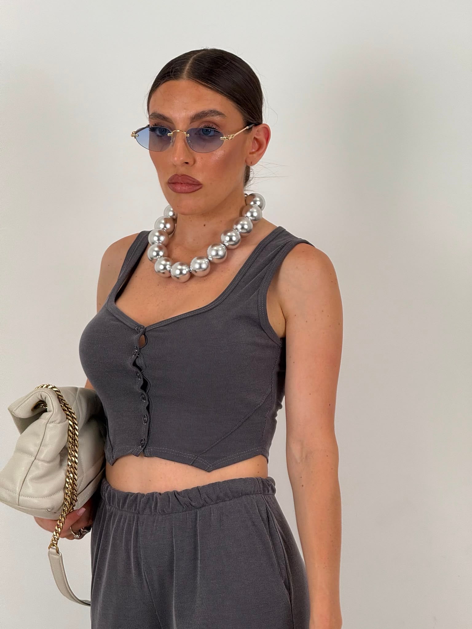 Cordset GREY - completo composto da top corto, bottoni e pantalone palazzo
