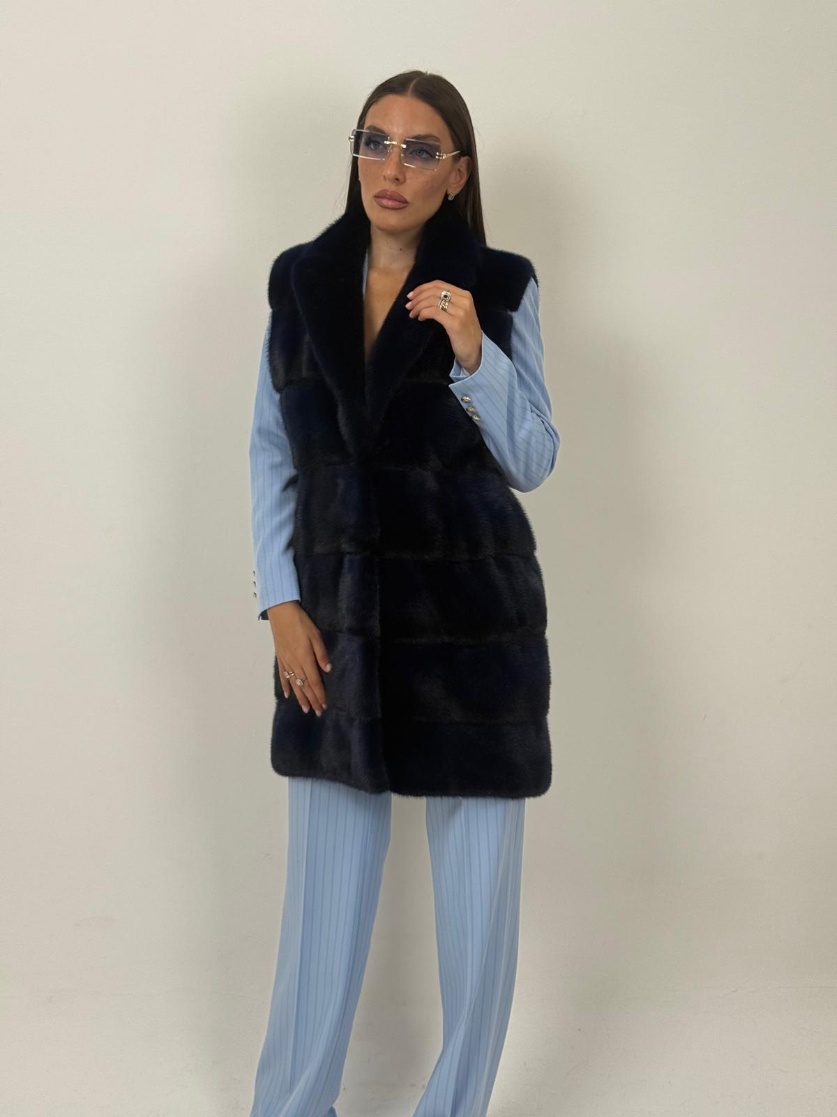 Pelliccia in visone blu N94 - gilet in visone blu, taglio orizzontale - NUOVO
