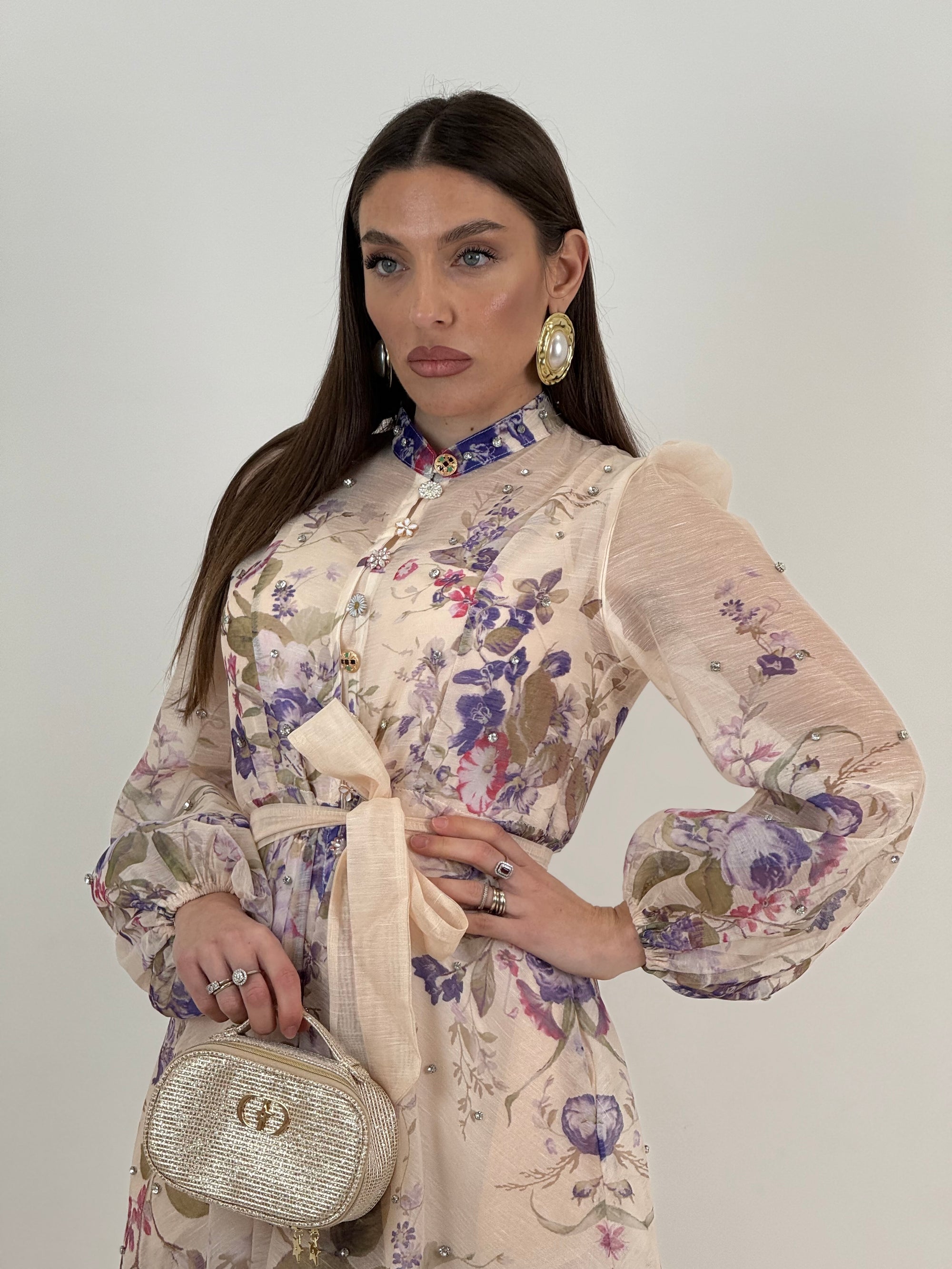 Abito LILLAC - abito lungo con cintura nel punto vita, fantasia fiori fucsia e lilla - collezione chic