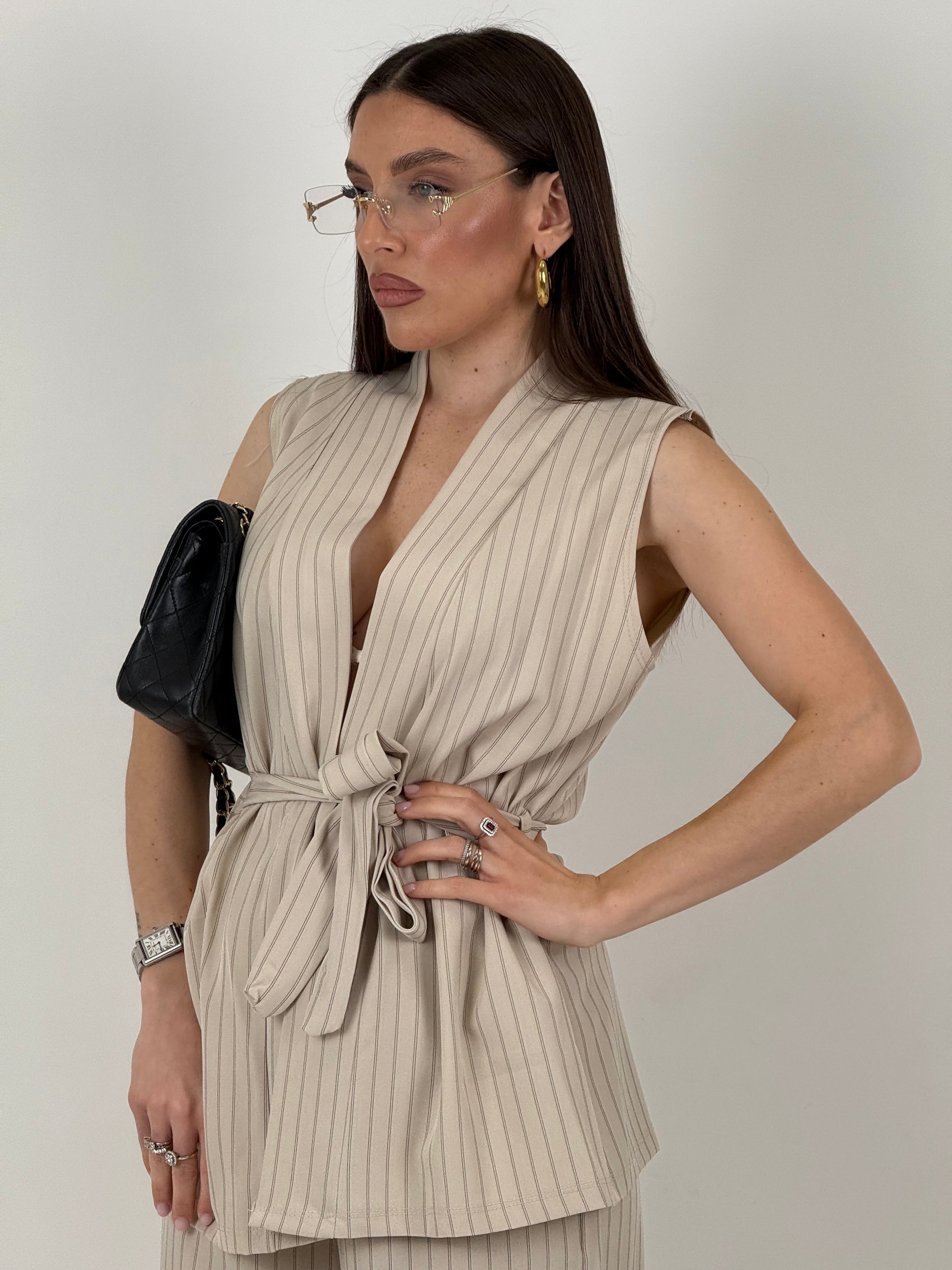 SALDO Tailleur GELSOMINA - tailleur giacca modello accappatoio pantalone palazzo - fantasia gessata