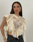 Camicia corta in pizzo con fiocchi laterali e contorno in pizzo francese sfrangiato