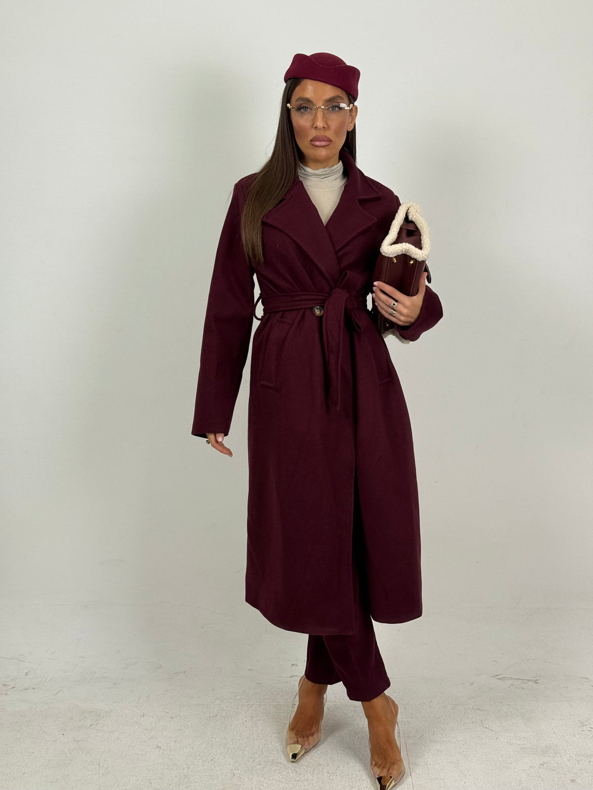 Cappotto autumn - cappotto in panno con collo largo e cintura nel punto vita