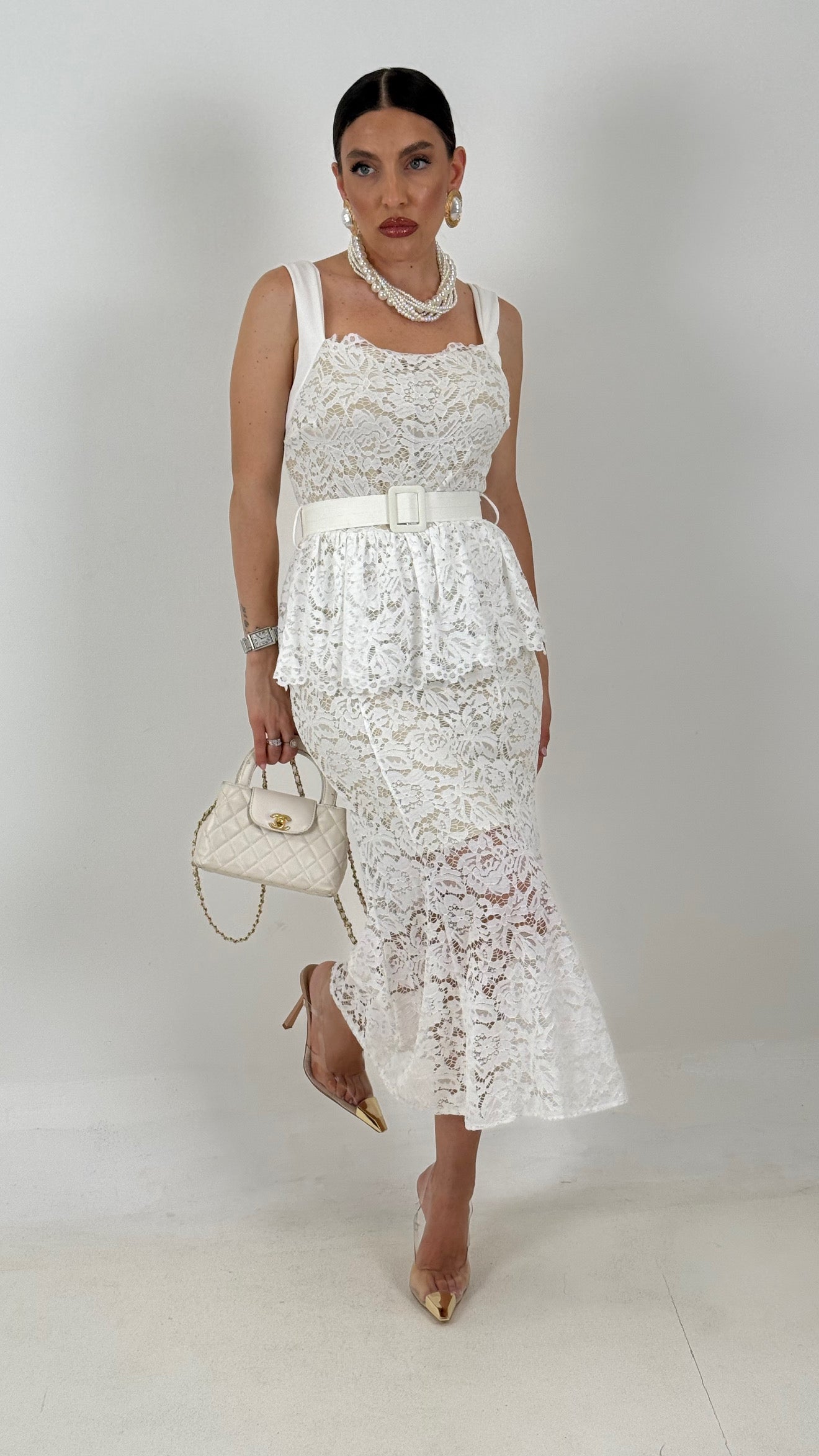 Abito YAREN - abito longuette in pizzo con balza nel punto vita e cintura rimovibile - abito in pizzo Limited Edition