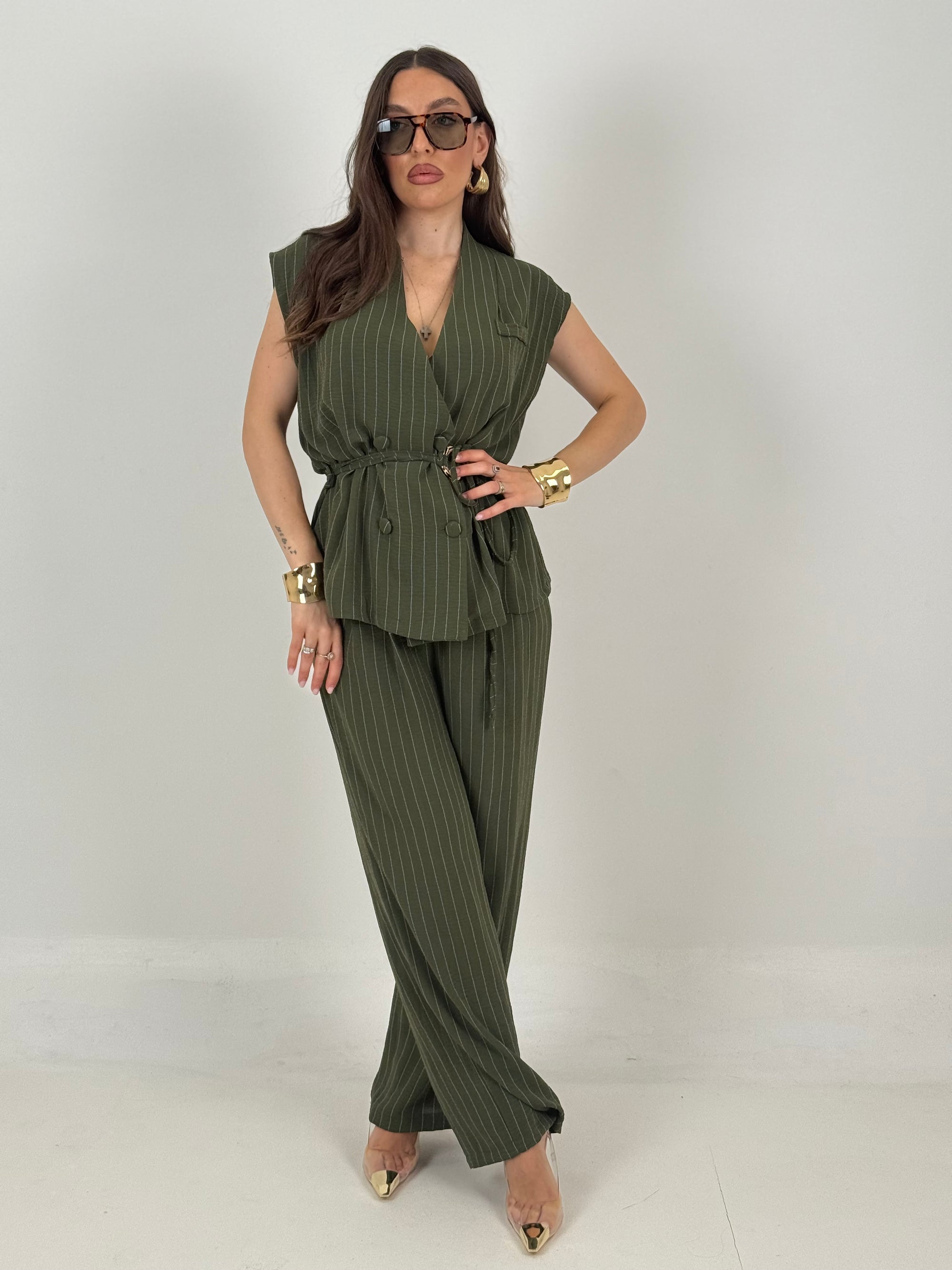 Tailleur SAPRI - tailleur giacca giro manica con cintura in vita e pantaloni palazzo - fantasia gessata