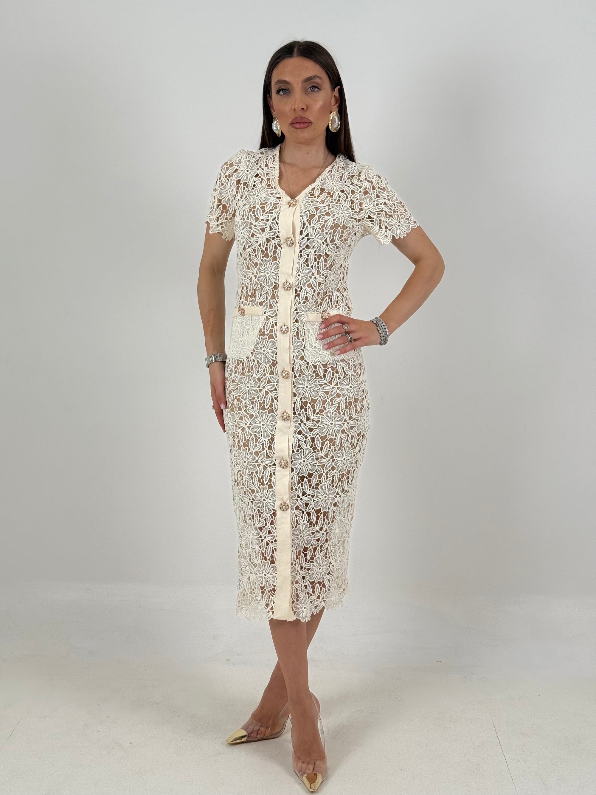 Abito ERMANN - abito longuette in pizzo crema con bottoni gioiello - collezione chic
