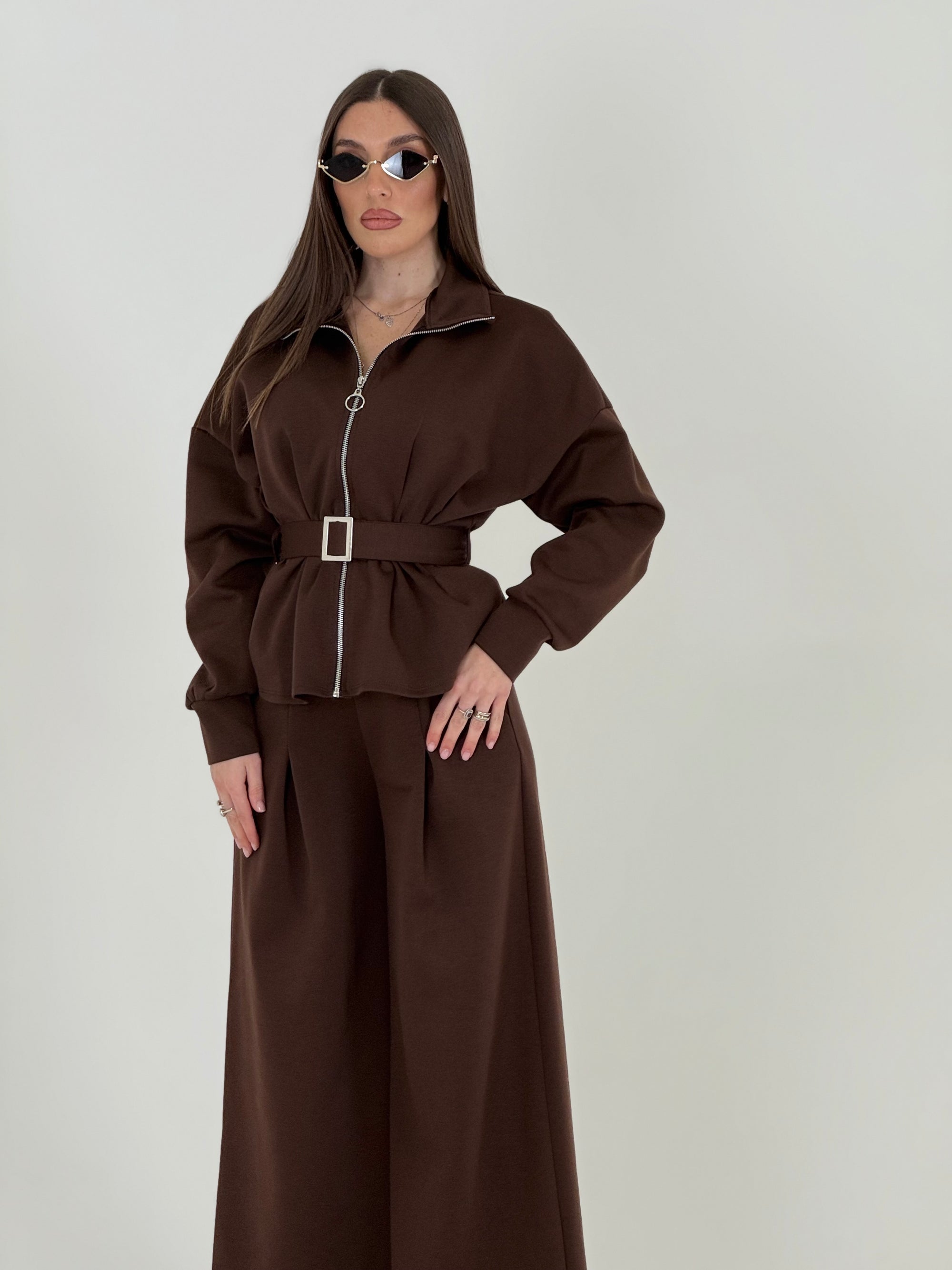 Cordset ALLEGRA - Completo composto da pantalone Palazzo e felpa con Rouge finale, cintura regolabile nel punto vita