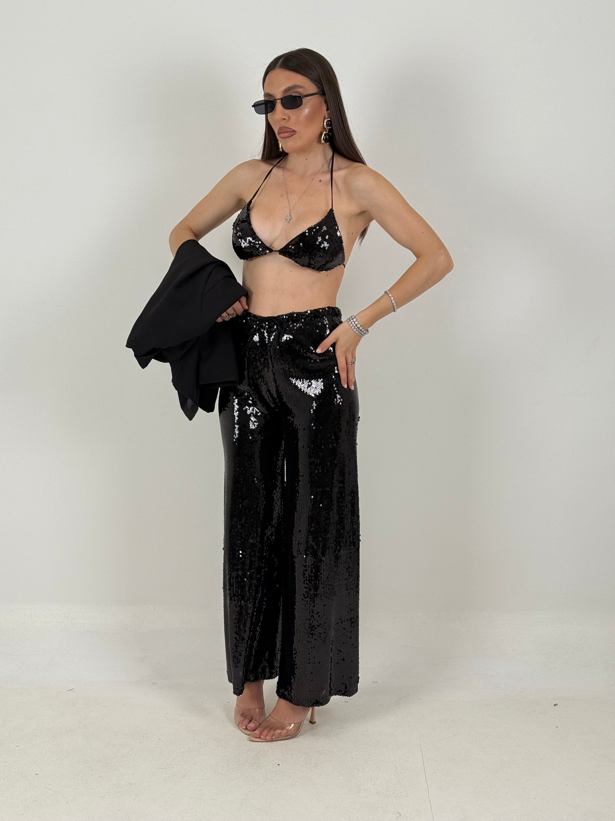 COMPLETO IBIZA - completo 3 pezzi, composto da giacca, top in paillettes e pantalone in paillettes
