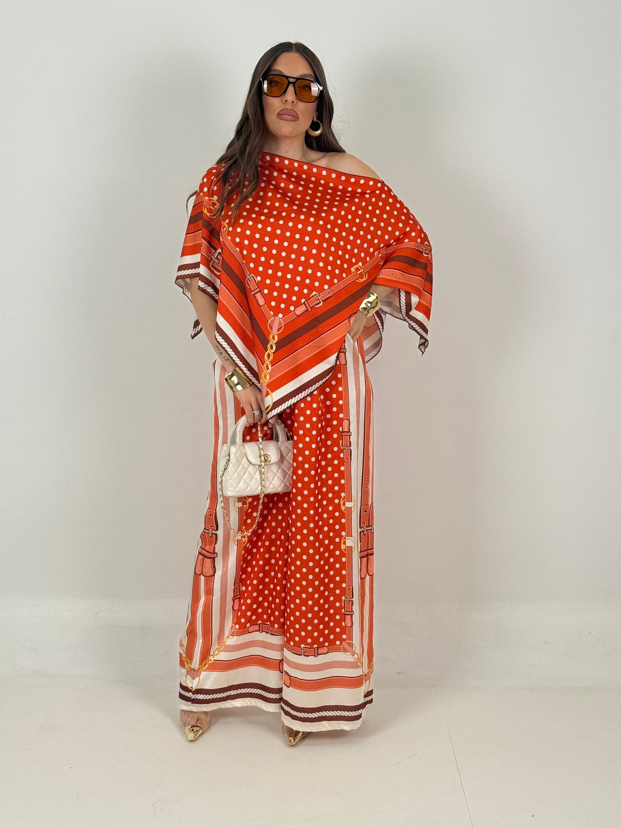 COMPLETO RIGAS - mantella e pantaloni palazzo effetto seta fantasia righe e pois