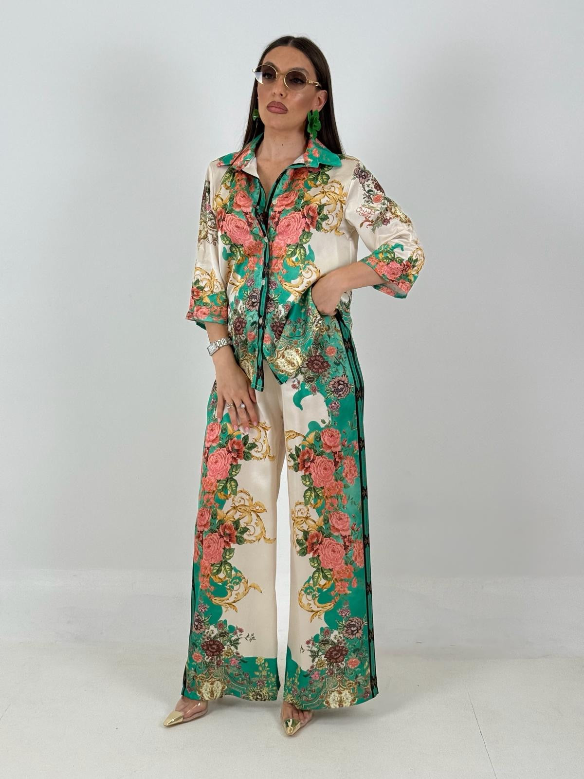 Cordset FIORE - completo composto da camicia e pantalone palazzo a fantasia