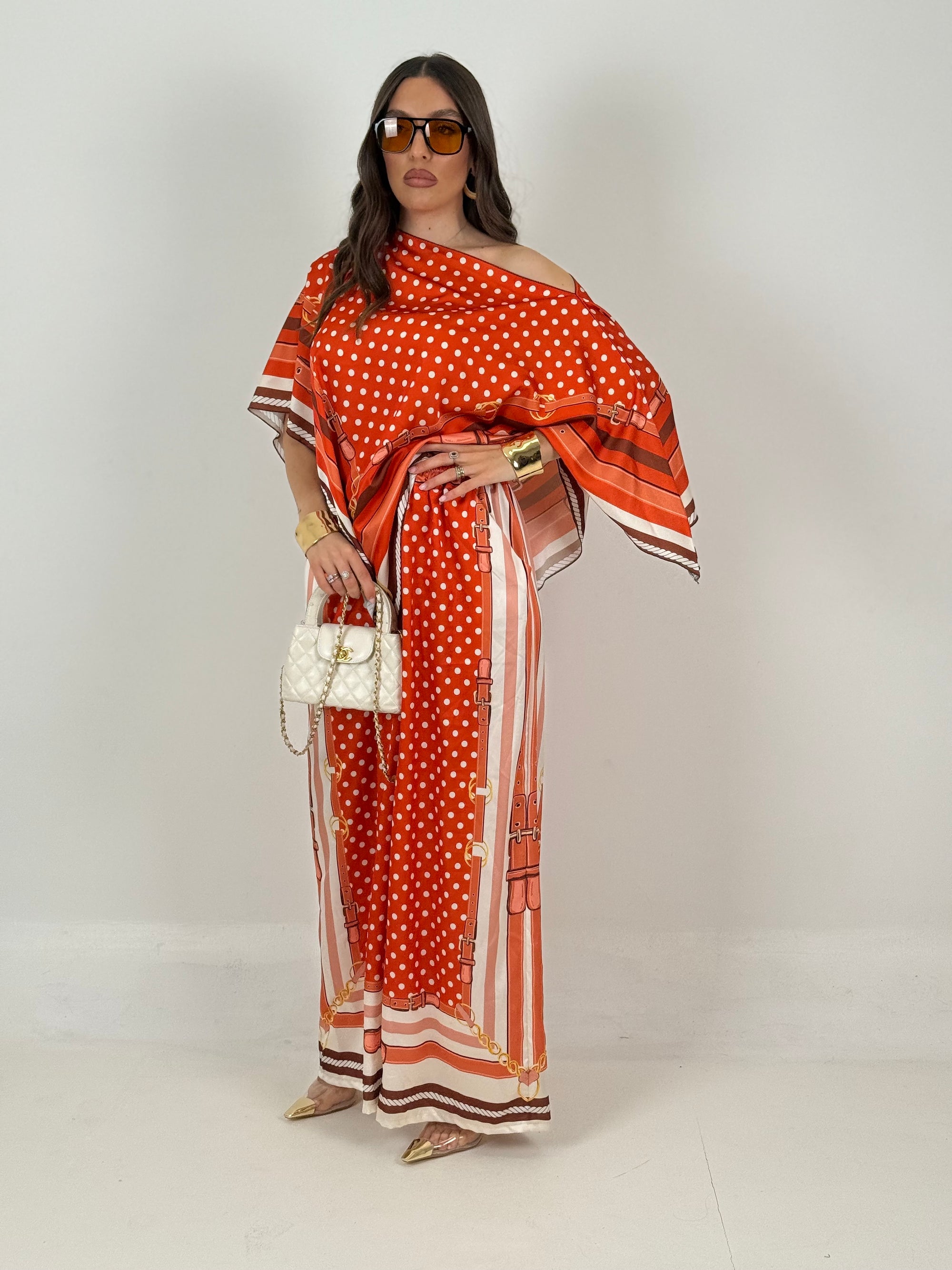 COMPLETO RIGAS - mantella e pantaloni palazzo effetto seta fantasia righe e pois