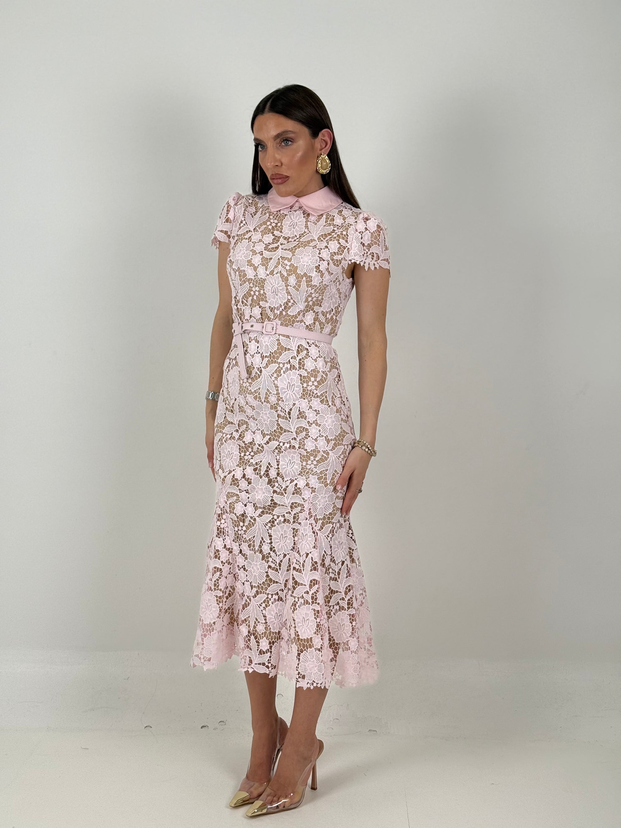 ABITO MOET - abito longuette in pizzo con collo effetto camicia e cintura nel punto vita - collezione chic