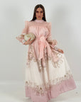 Abito golden - abito lungo con a palloncino e polsino- gonna lunga con balze e cinture in organza nel punto vita- Best Seller della collezione chic