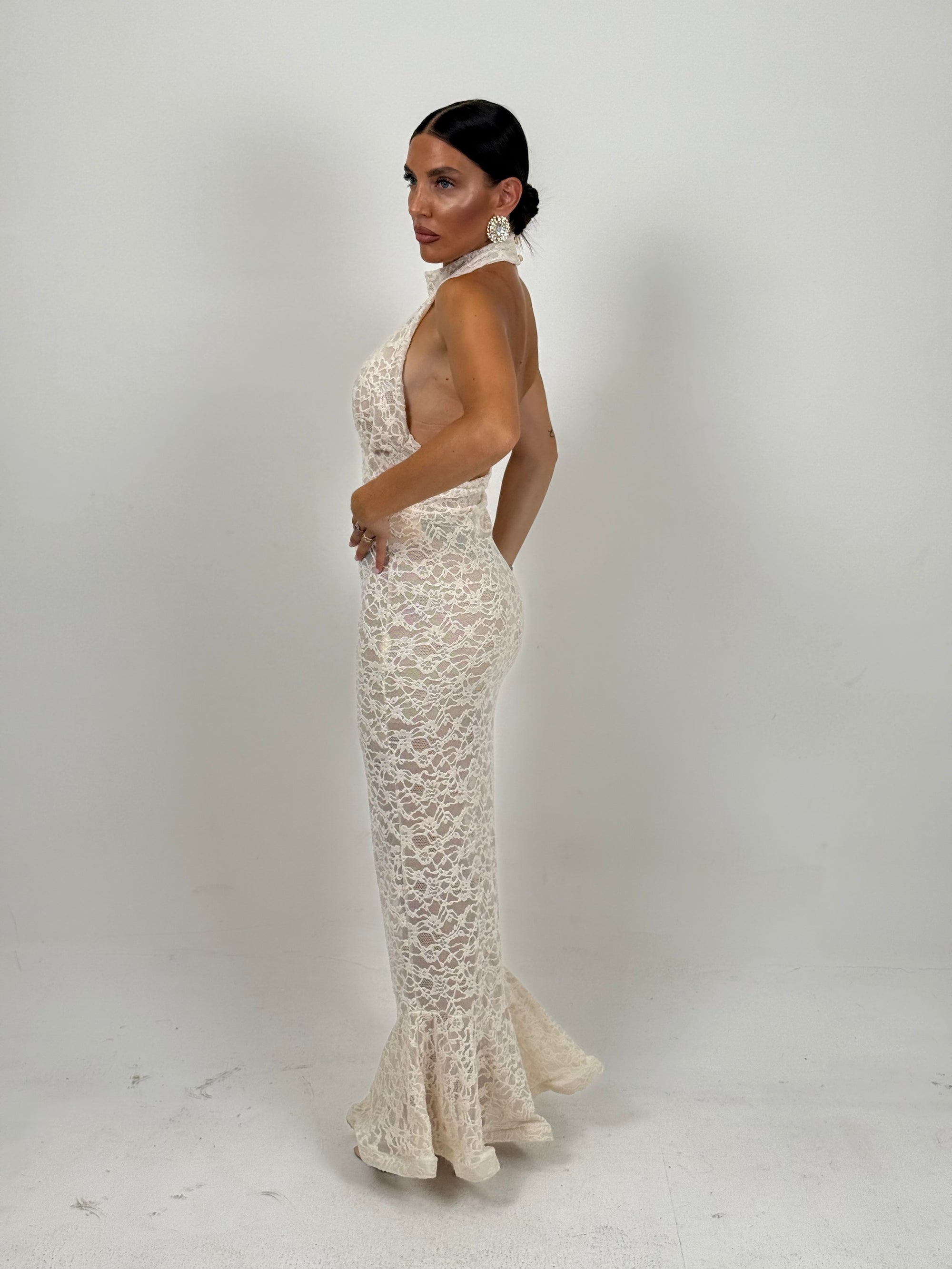 Abito PEARL - abito lungo in pizzo scollo all americana con corpetto particolare