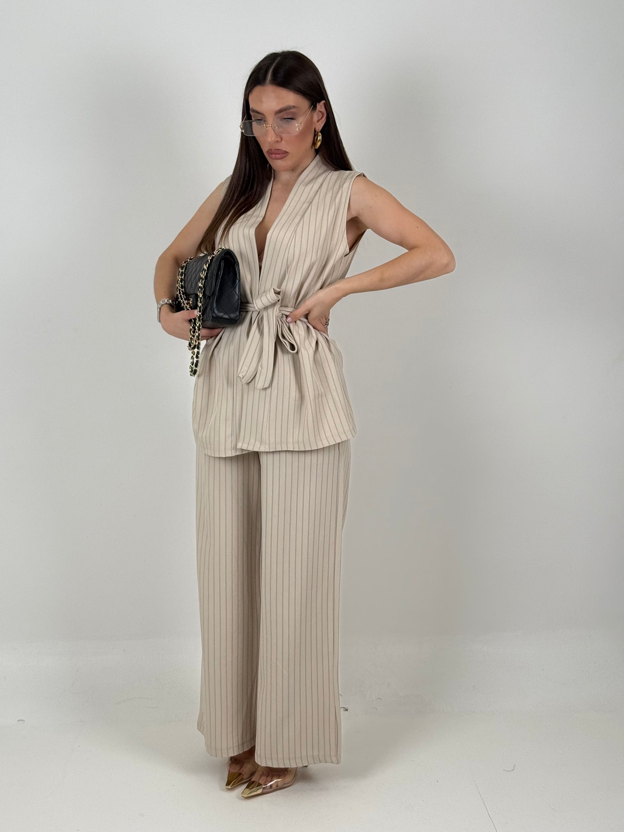 SALDO Tailleur GELSOMINA - tailleur giacca modello accappatoio pantalone palazzo - fantasia gessata