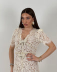 Abito DAIANE - abito lungo in pizzo francese con spille a forma di fiocco rimovibili - abito longuette collezione chic