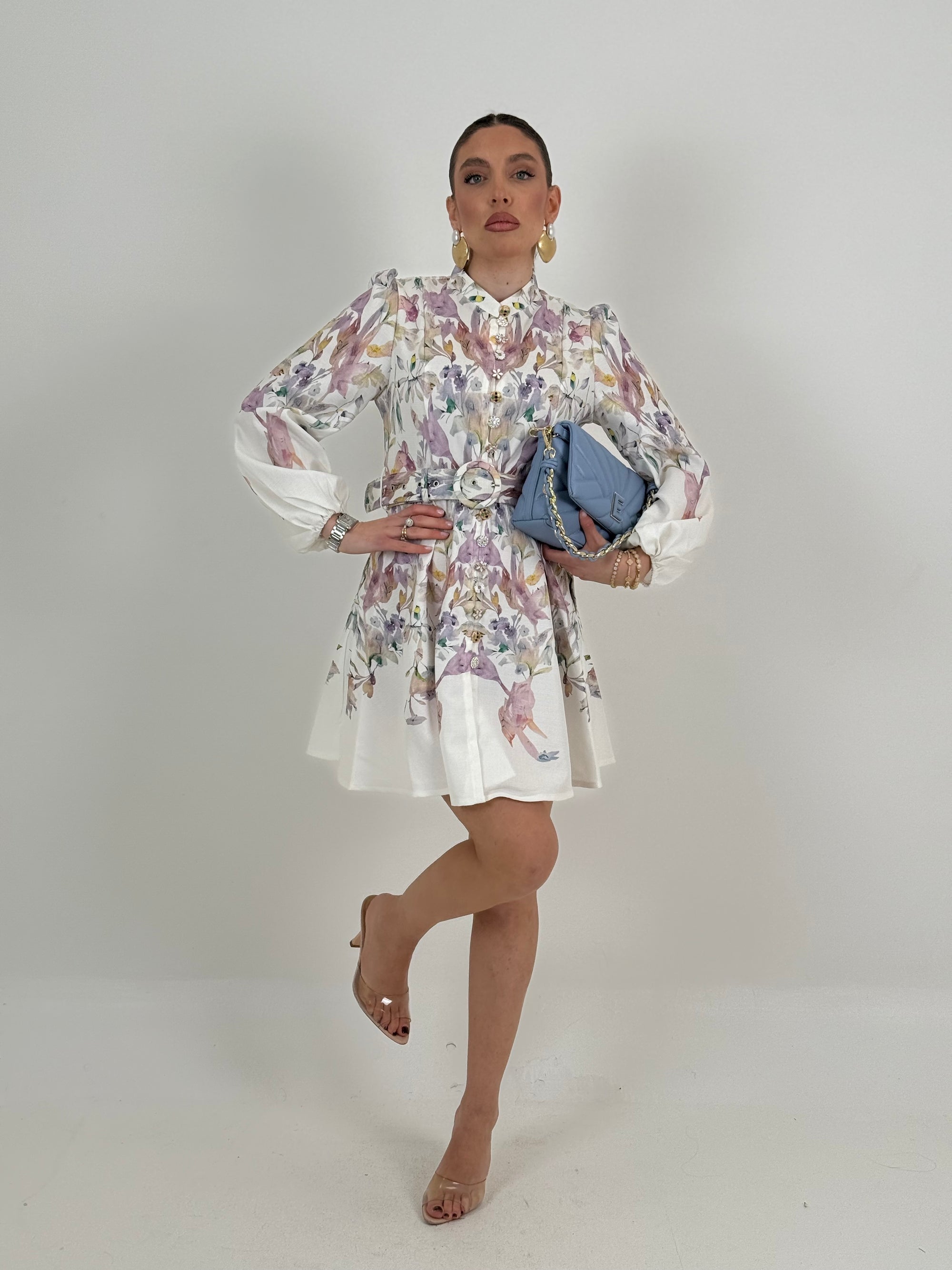 Abito BOLKAN - abito corto, fantasia fiori con Cintura nel punto vita - collezione chic