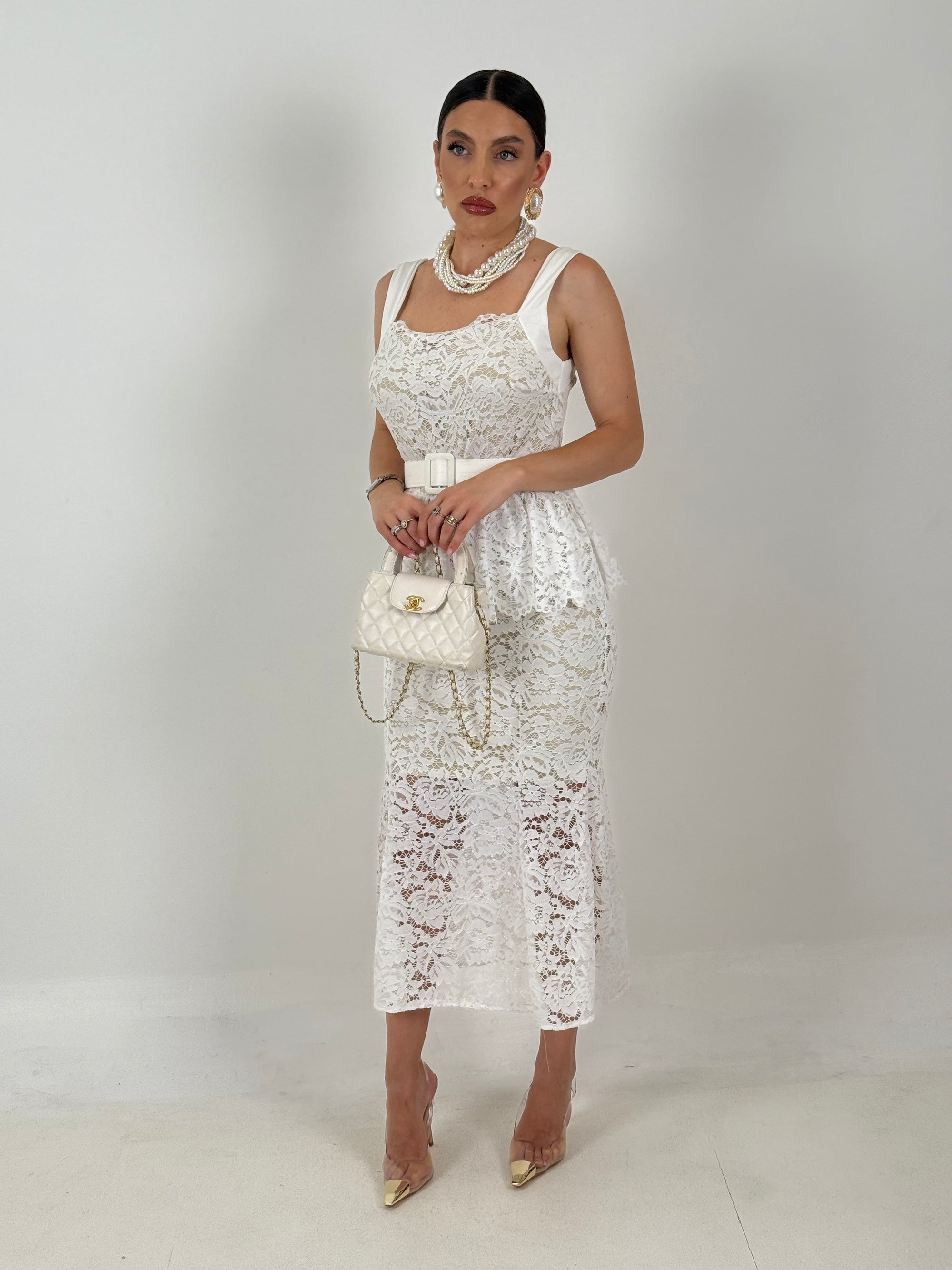Abito YAREN - abito longuette in pizzo con balza nel punto vita e cintura rimovibile - abito in pizzo Limited Edition