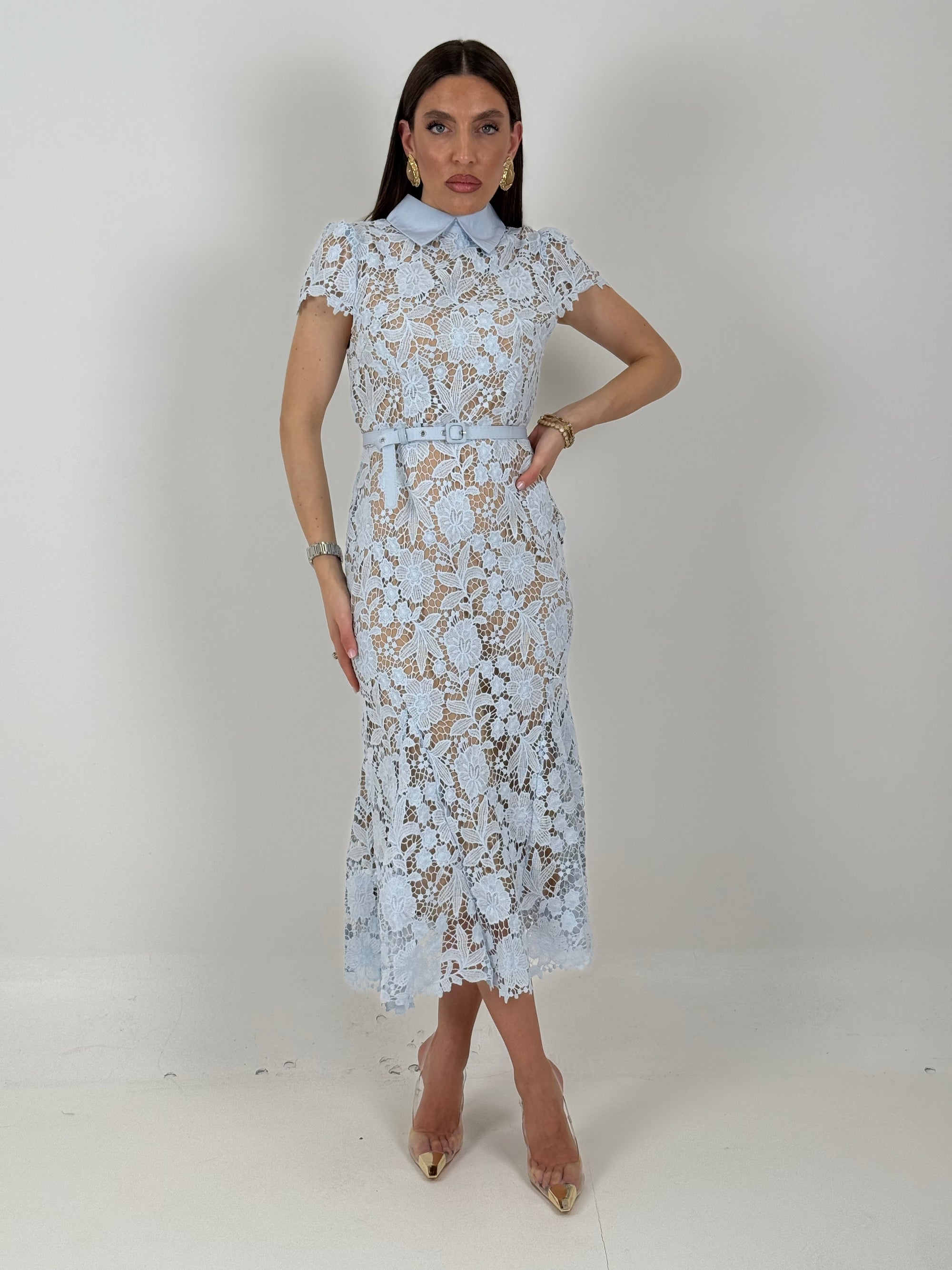 ABITO MOET - abito longuette in pizzo con collo effetto camicia e cintura nel punto vita - collezione chic