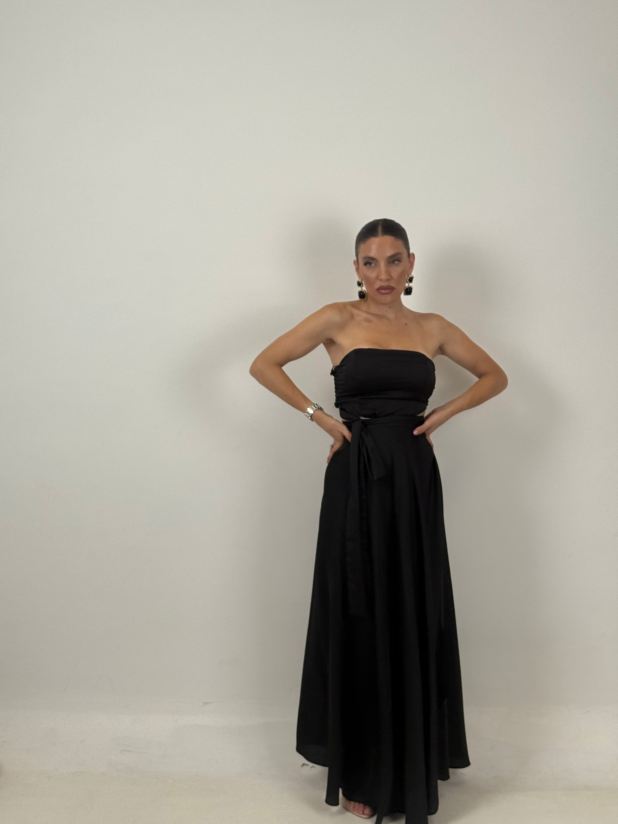 Completo in Satin top e gonna lunga modello pareo