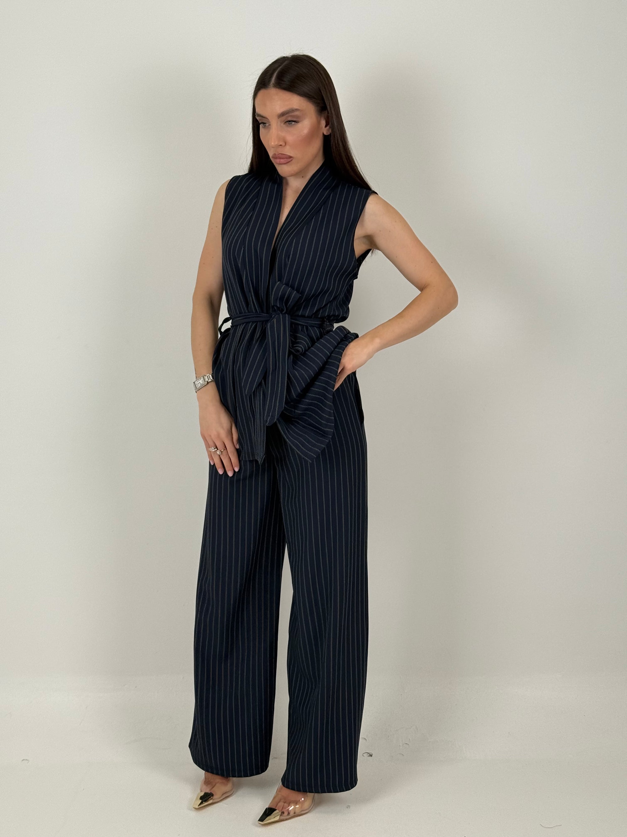 SALDO Tailleur GELSOMINA - tailleur giacca modello accappatoio pantalone palazzo - fantasia gessata