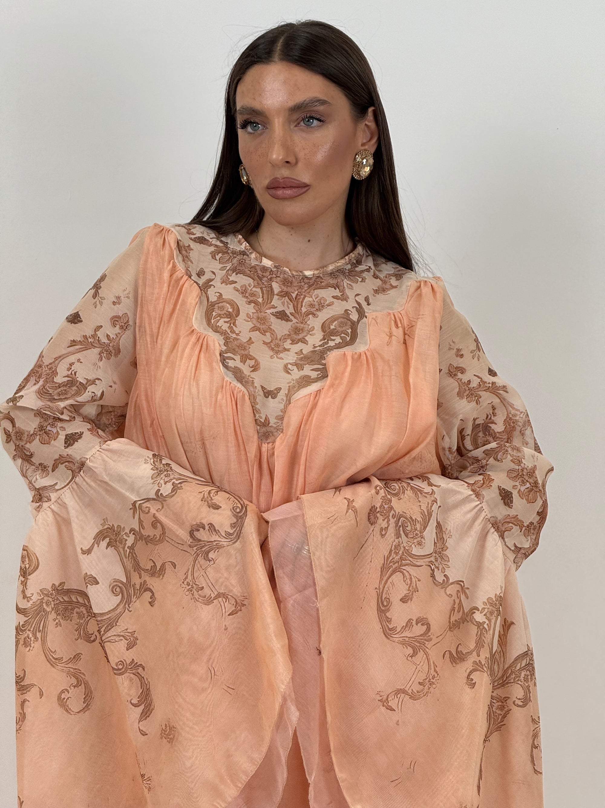 Abito duchessa - abito lungo in chiffon dai colori pesca e bronzo - collezione chic
