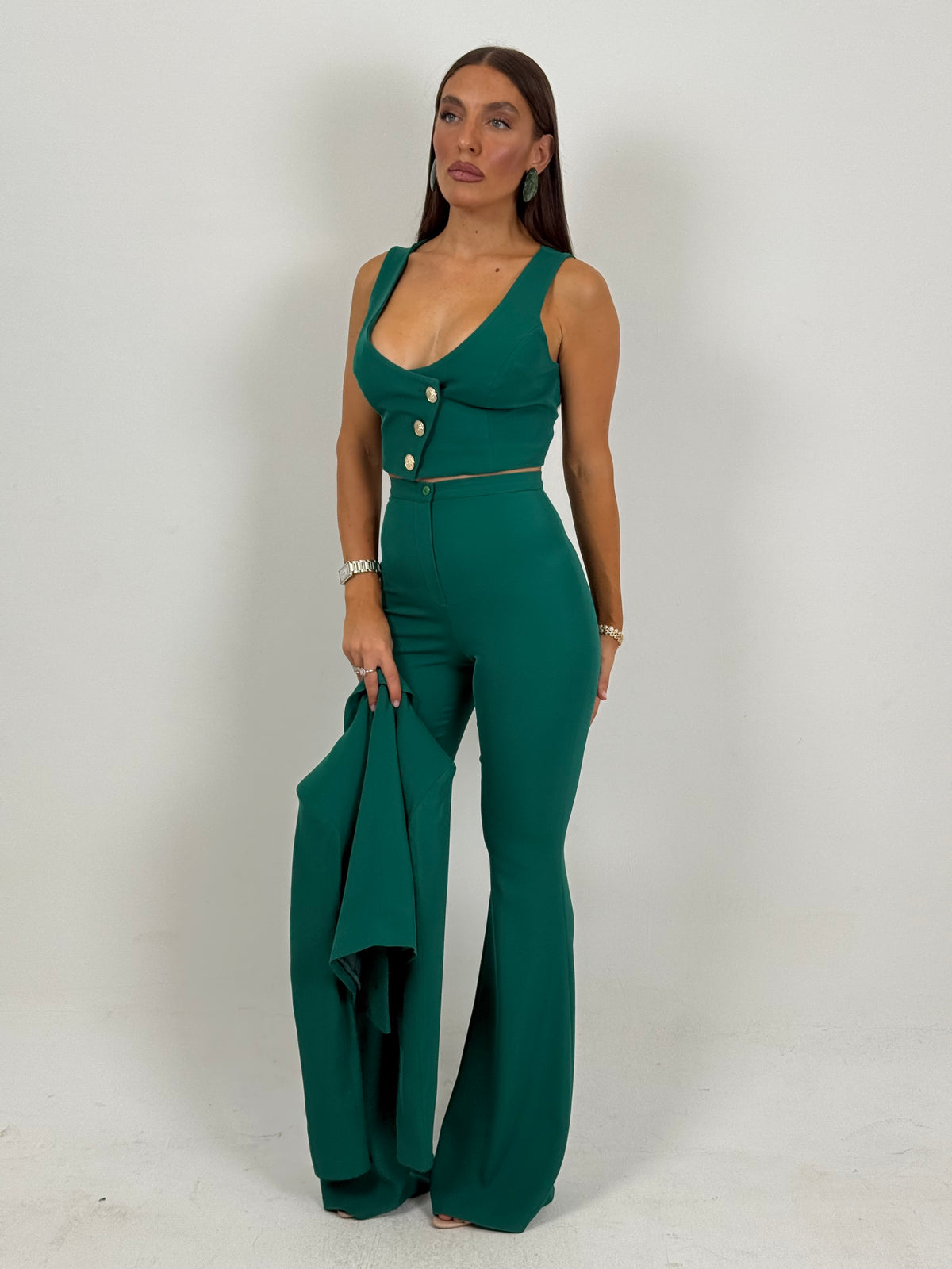 SALDO Tailleur VIOLANTE - Tailleur sartoriale 3 pezzi panciotto giacca corta e pantalone effetto guaina a zampa