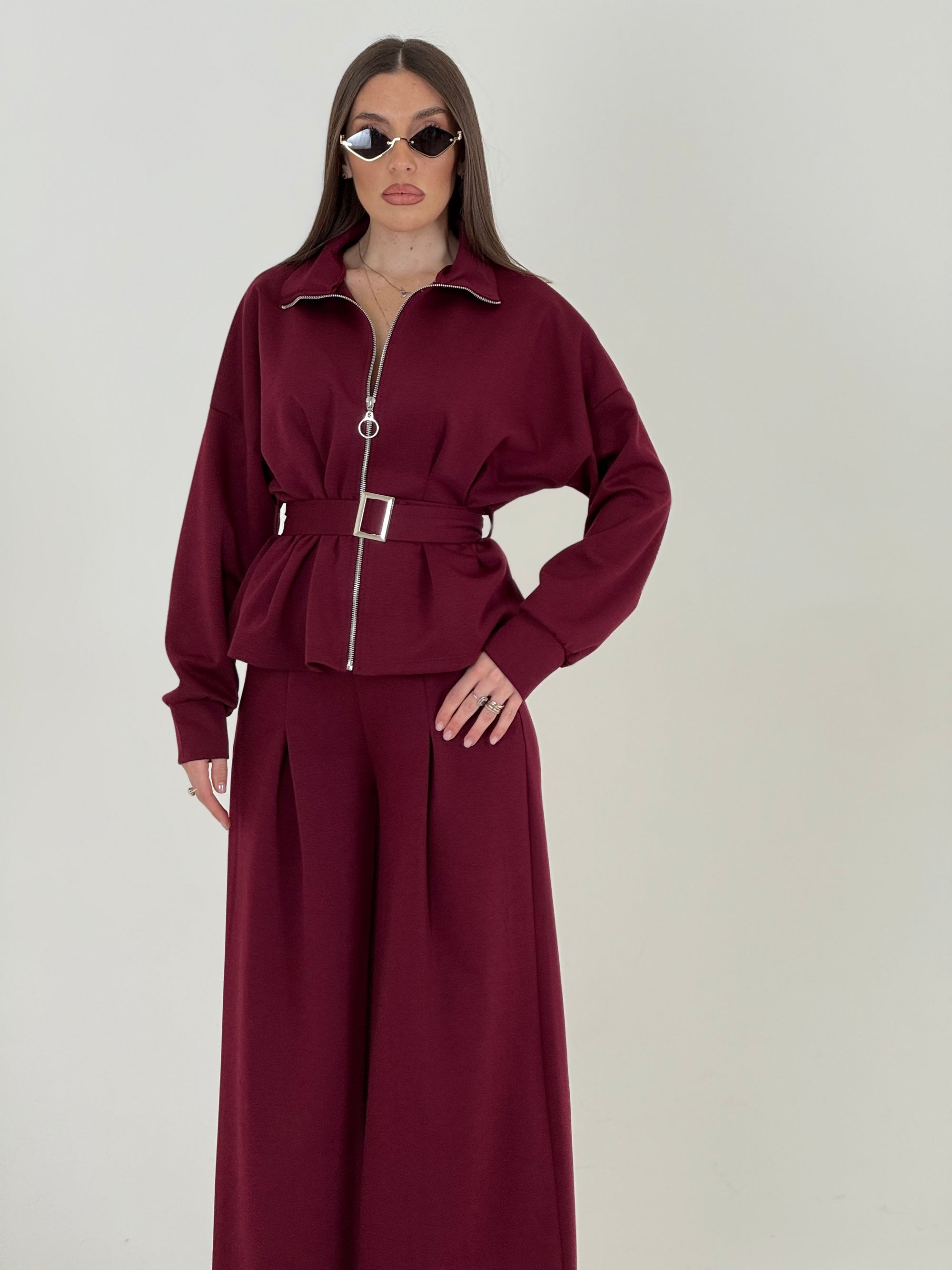 Cordset ALLEGRA - Completo composto da pantalone Palazzo e felpa con Rouge finale, cintura regolabile nel punto vita