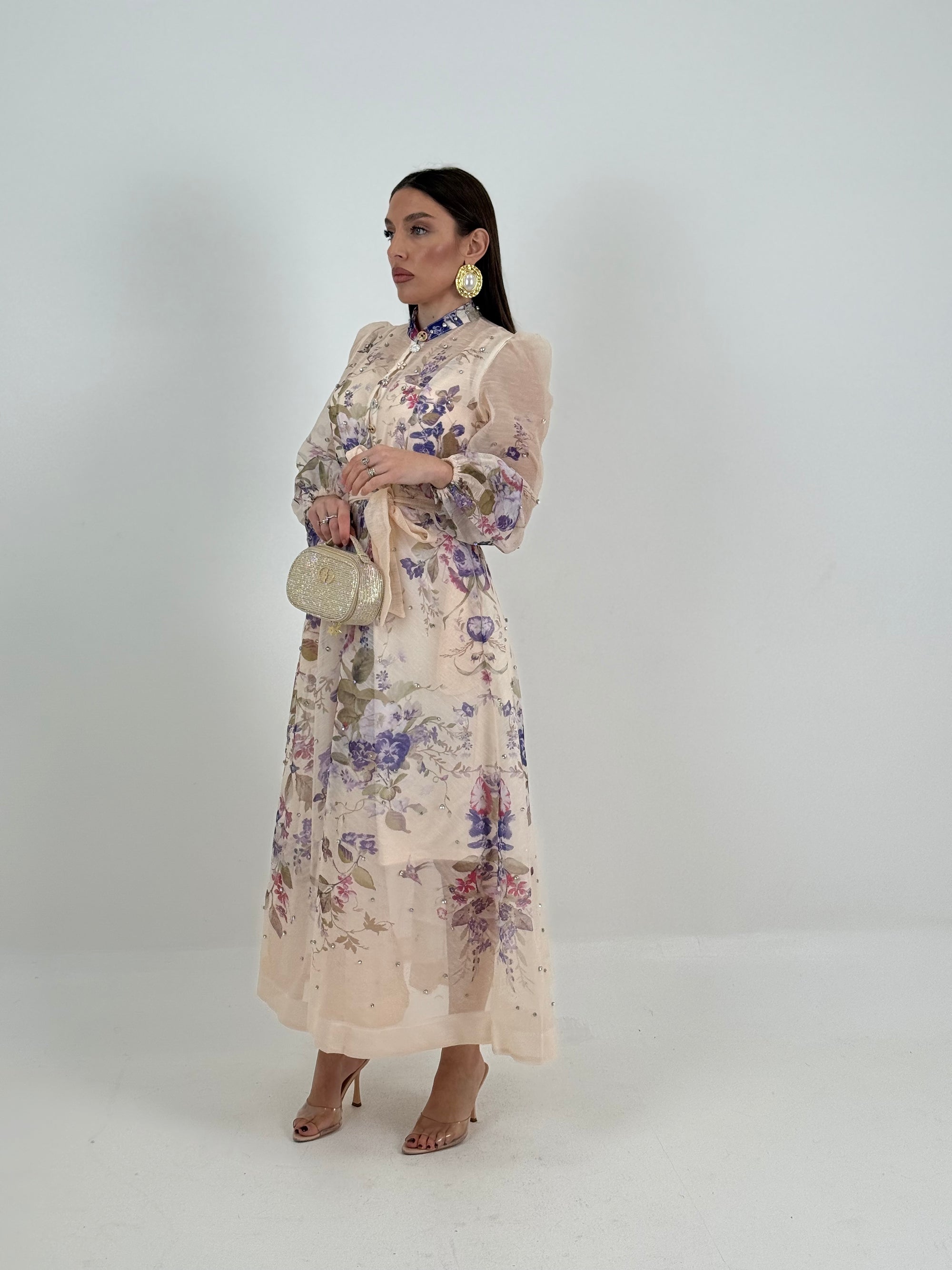Abito LILLAC - abito lungo con cintura nel punto vita, fantasia fiori fucsia e lilla - collezione chic