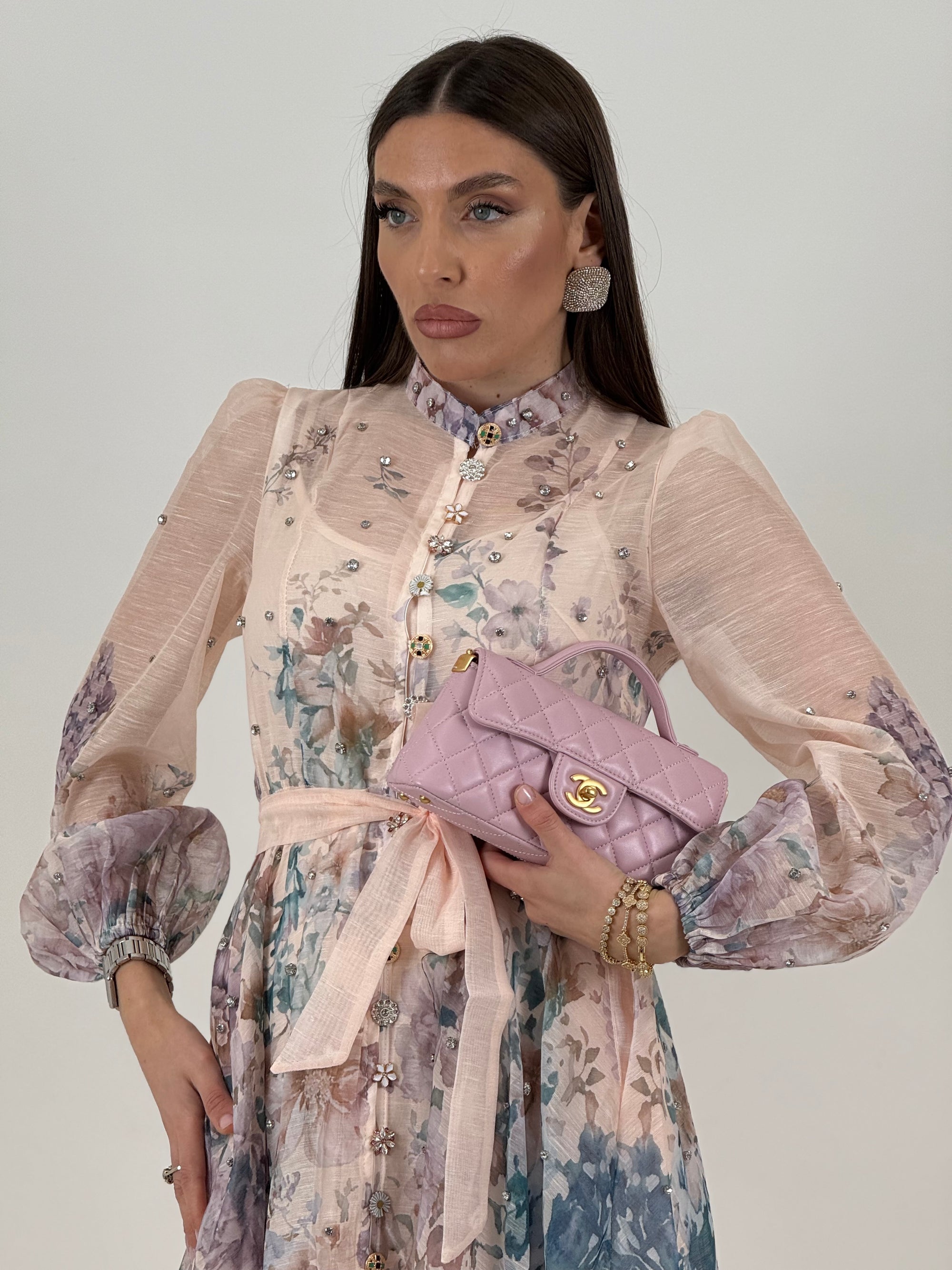 Abito GARDENIA - abito lungo a fantasia lilla rosa - collezione chic