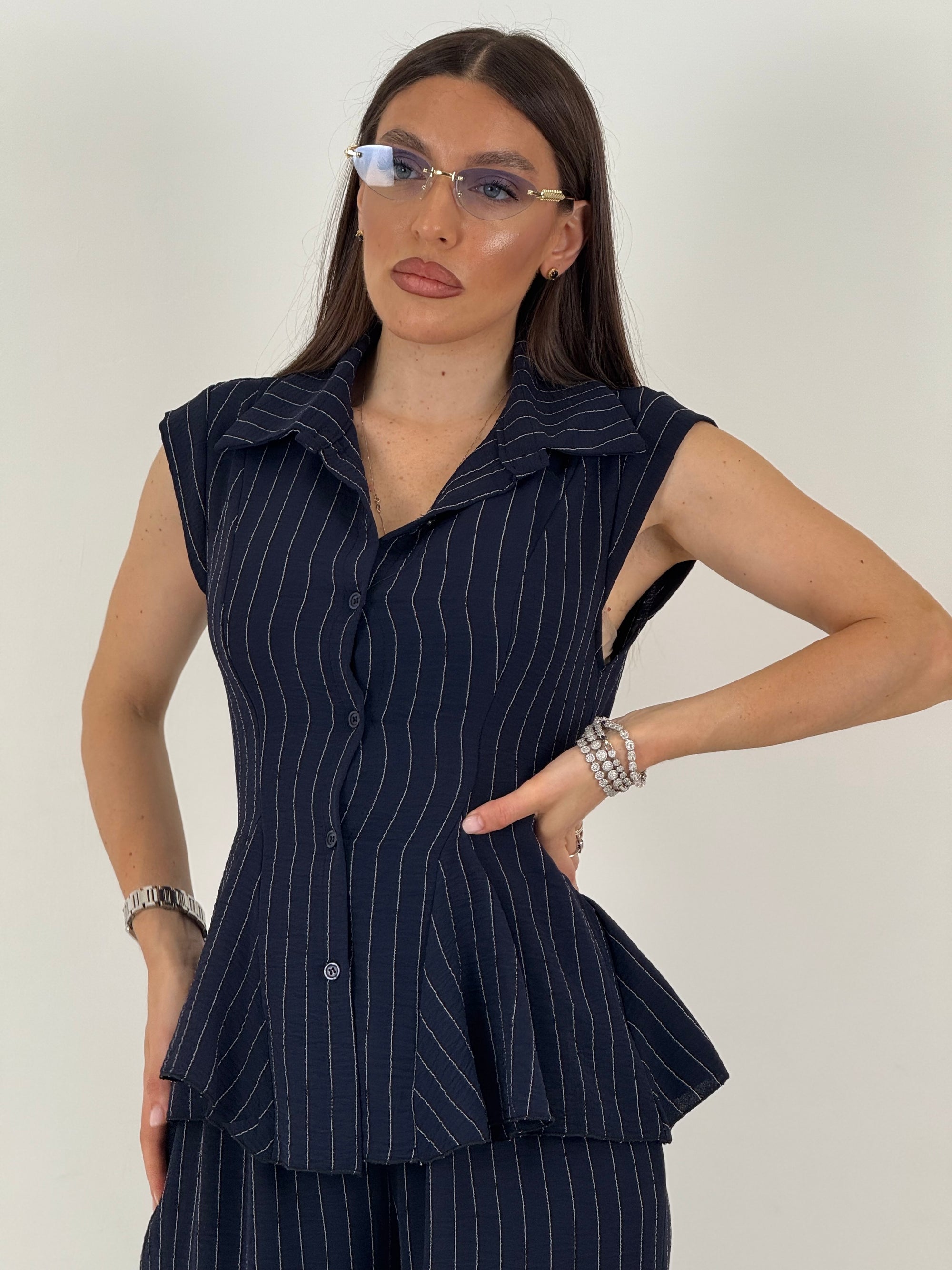 Cordset CARLETTA - completo giacca a giromanica e pantalone gessato
