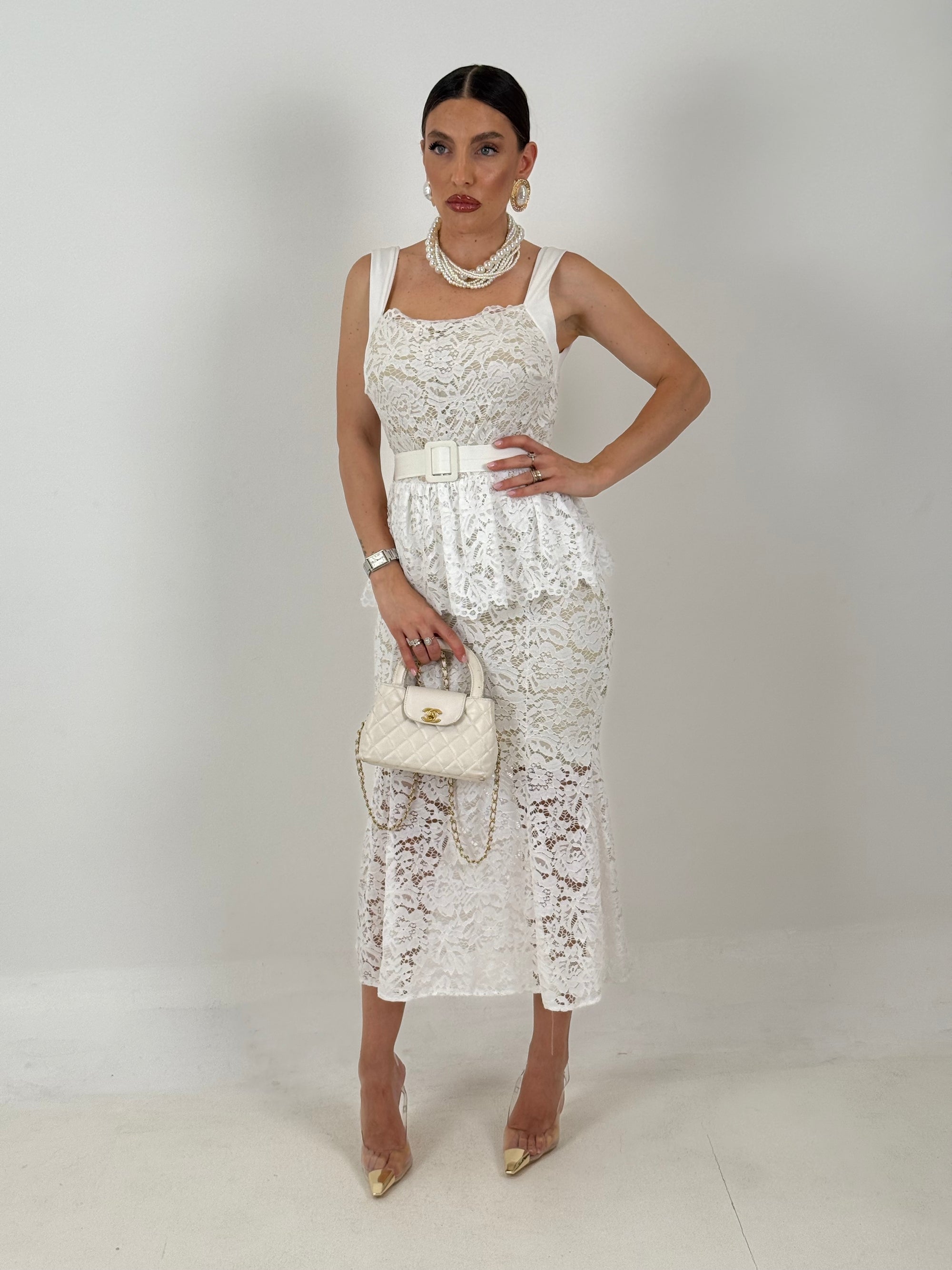 Abito YAREN - abito longuette in pizzo con balza nel punto vita e cintura rimovibile - abito in pizzo Limited Edition