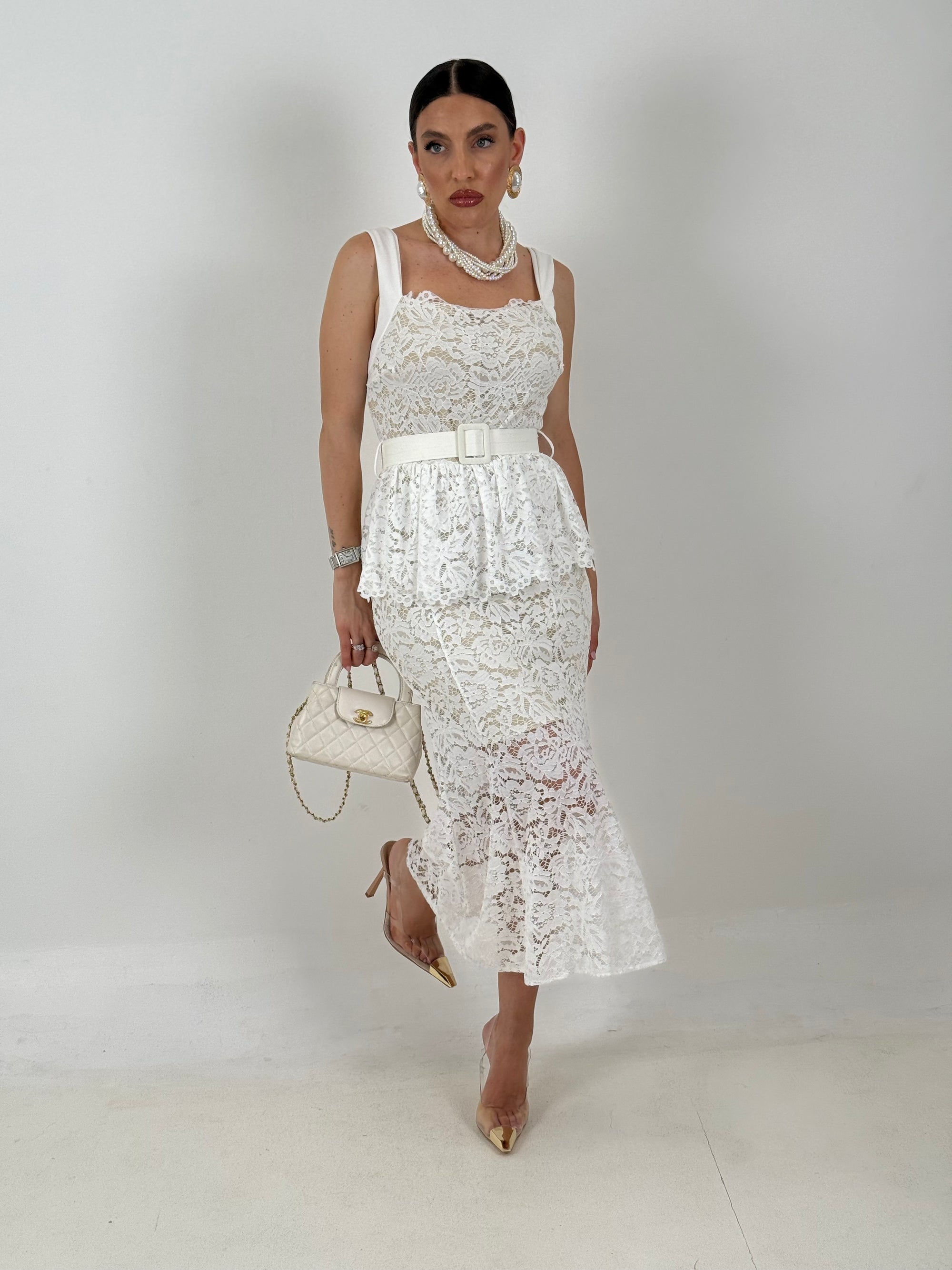 Abito YAREN - abito longuette in pizzo con balza nel punto vita e cintura rimovibile - abito in pizzo Limited Edition