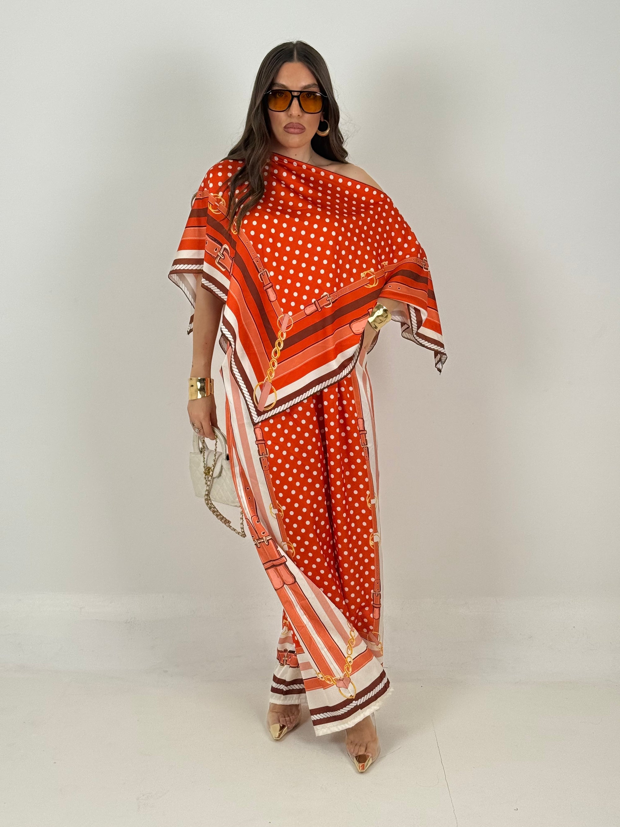 COMPLETO RIGAS - mantella e pantaloni palazzo effetto seta fantasia righe e pois